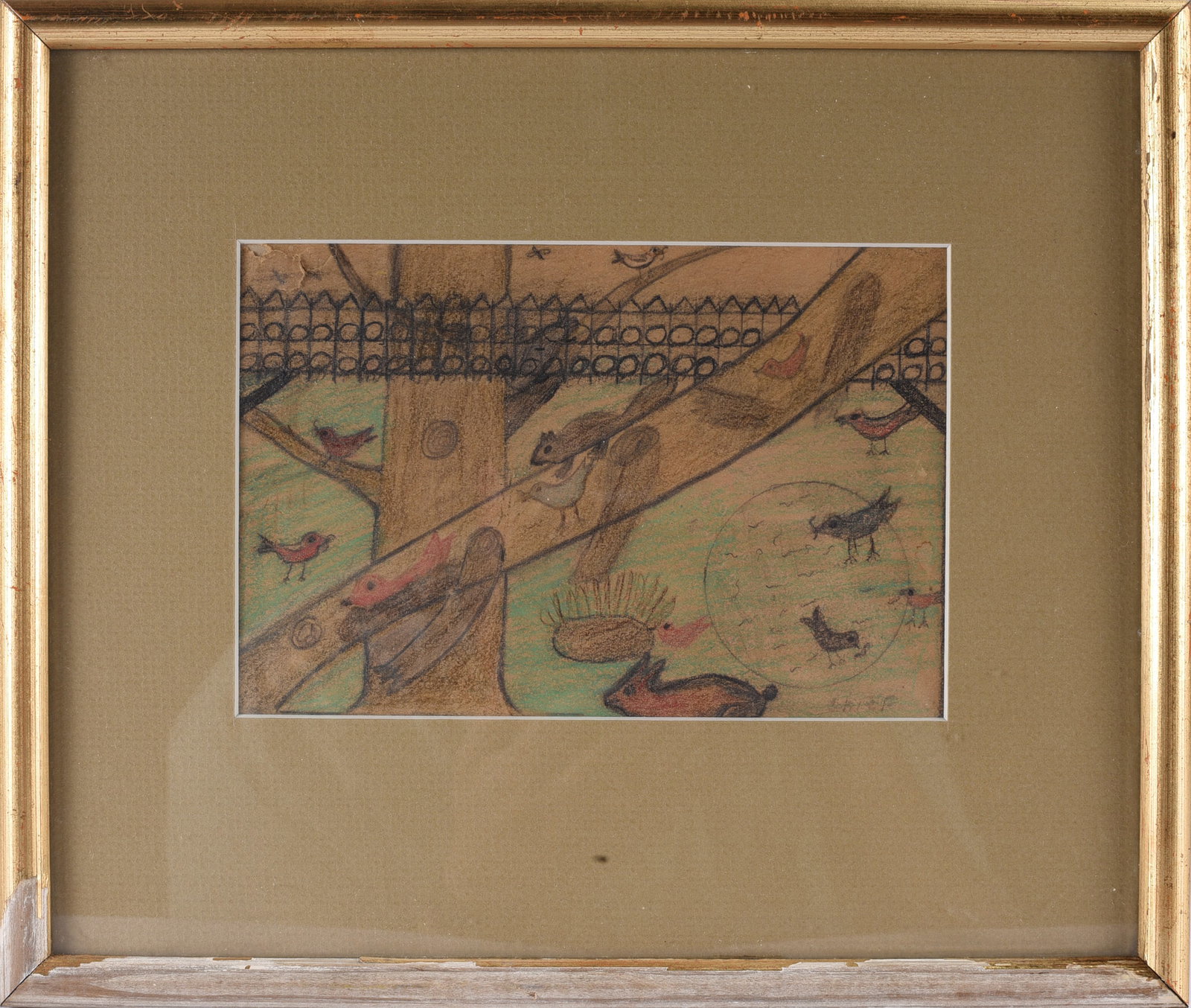 Mixed Media on Paper by CHIEF: Mixed media work on paper by the artist known as CHIEF depicting a whimsical woodland scene populated with birds and animals among tree branches. Executed in pencil and colored pencil with a densely p