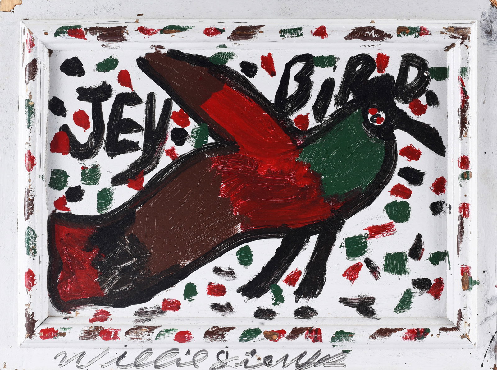 Willie Jinks (1921 - 2012) Outsider Art Painting: Willie Jinks (1921–2012) was a self-taught Georgia artist born in Locust Grove who later worked for the Atlanta sanitation department and transformed discarded and found materials into distinctive