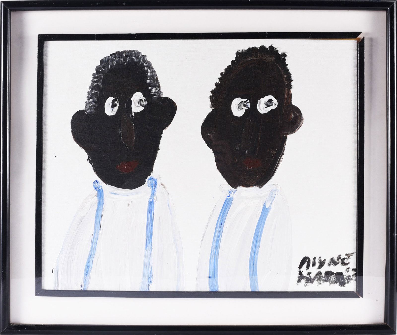 Alyne Harris Painting: Alyne Harris folk art painting depicting two figures shown bust-length against a white background, rendered with large expressive eyes and simplified features. Executed primarily in black, brown, whit
