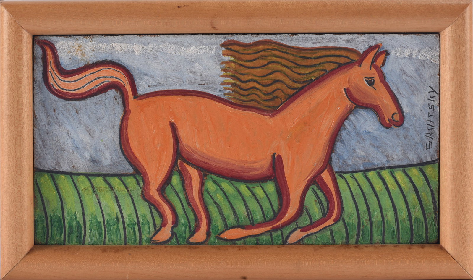 Jack Savitsky Painting: Jack Savitsky (1910–1991) folk art painting depicting a large orange horse set against a gray sky and patterned green field. Savitsky was a Pennsylvania coal miner and self-taught artist whose paint