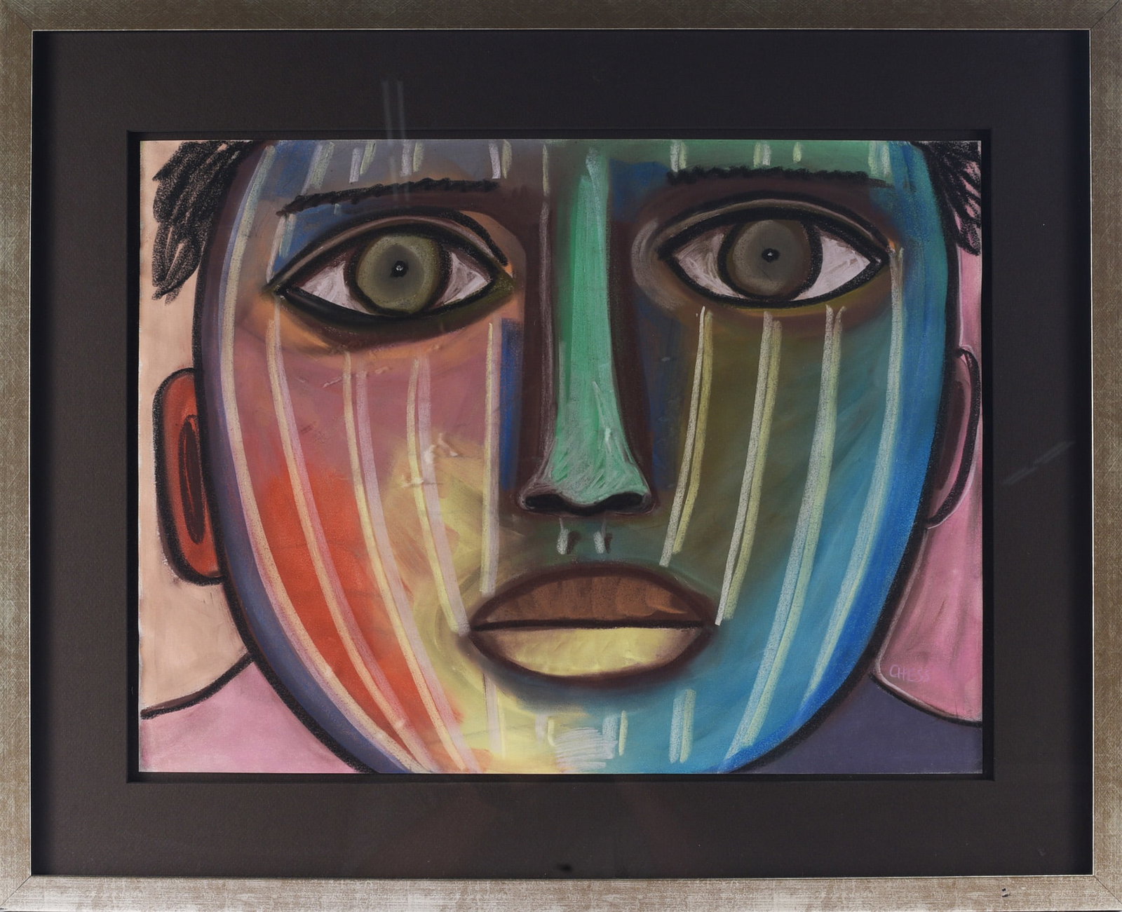 Tim Chess Folk Art Painting: Tim Chess (b. 1962) folk art portrait rendered in pastel or mixed media on paper, featuring a dramatically enlarged face with multicolored passages of blue, green, pink, orange, and yellow. Chess is a