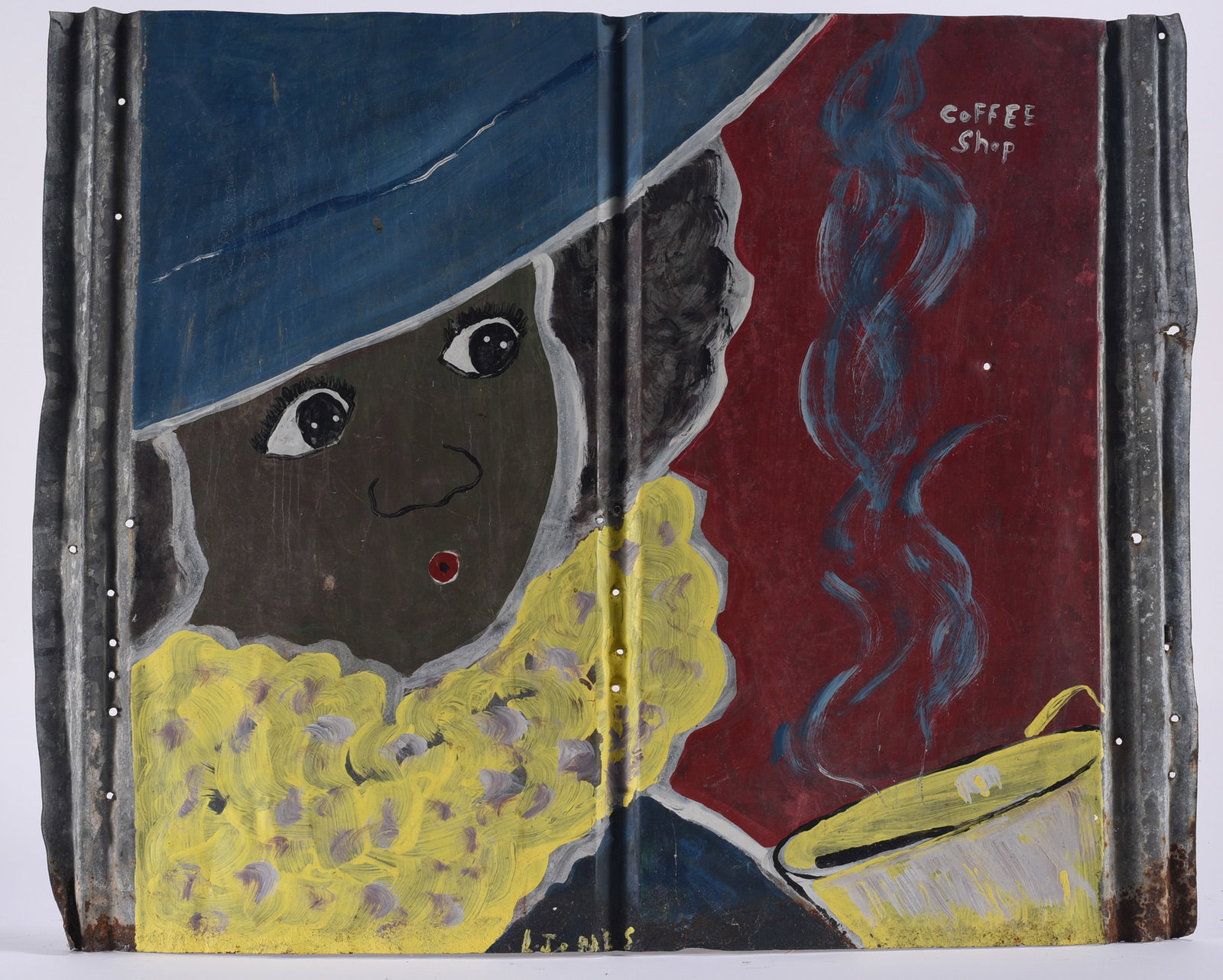 Leonard Jones Outsider Art Painting on Tin: Leonard Jones (b. 1955) outsider art painting on corrugated roofing tin depicting a woman in a blue hat seated beside a steaming cup marked “Coffee Shop.” Jones is a self-taught Georgia artist
