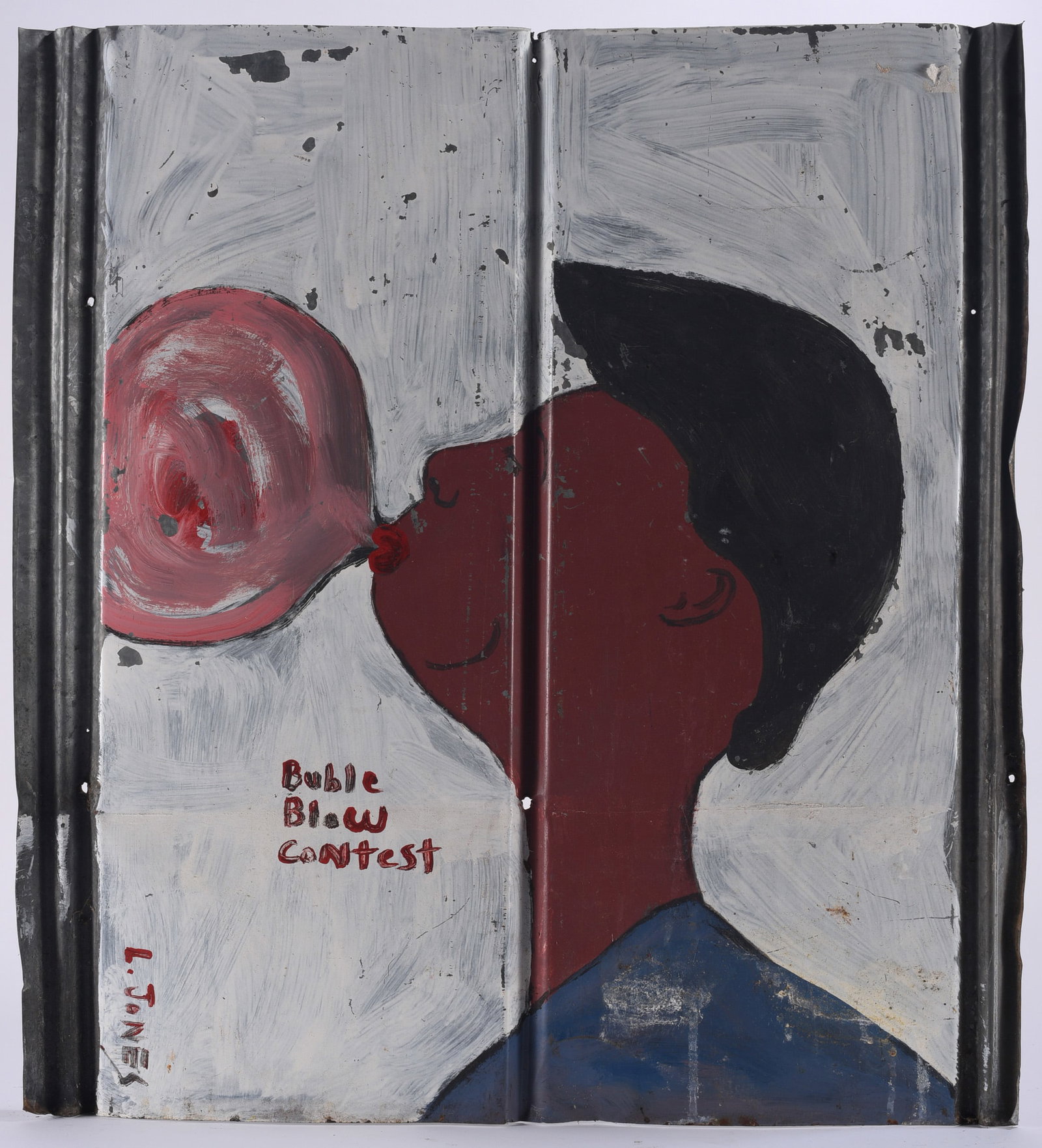 Leonard Jones Outsider Art Painting on Tin: Leonard Jones (b. 1955) outsider art painting on corrugated roofing tin depicting a profile figure blowing a large pink bubble, inscribed “Bubble Blow Contest.” Jones is a self-taught Georgia 