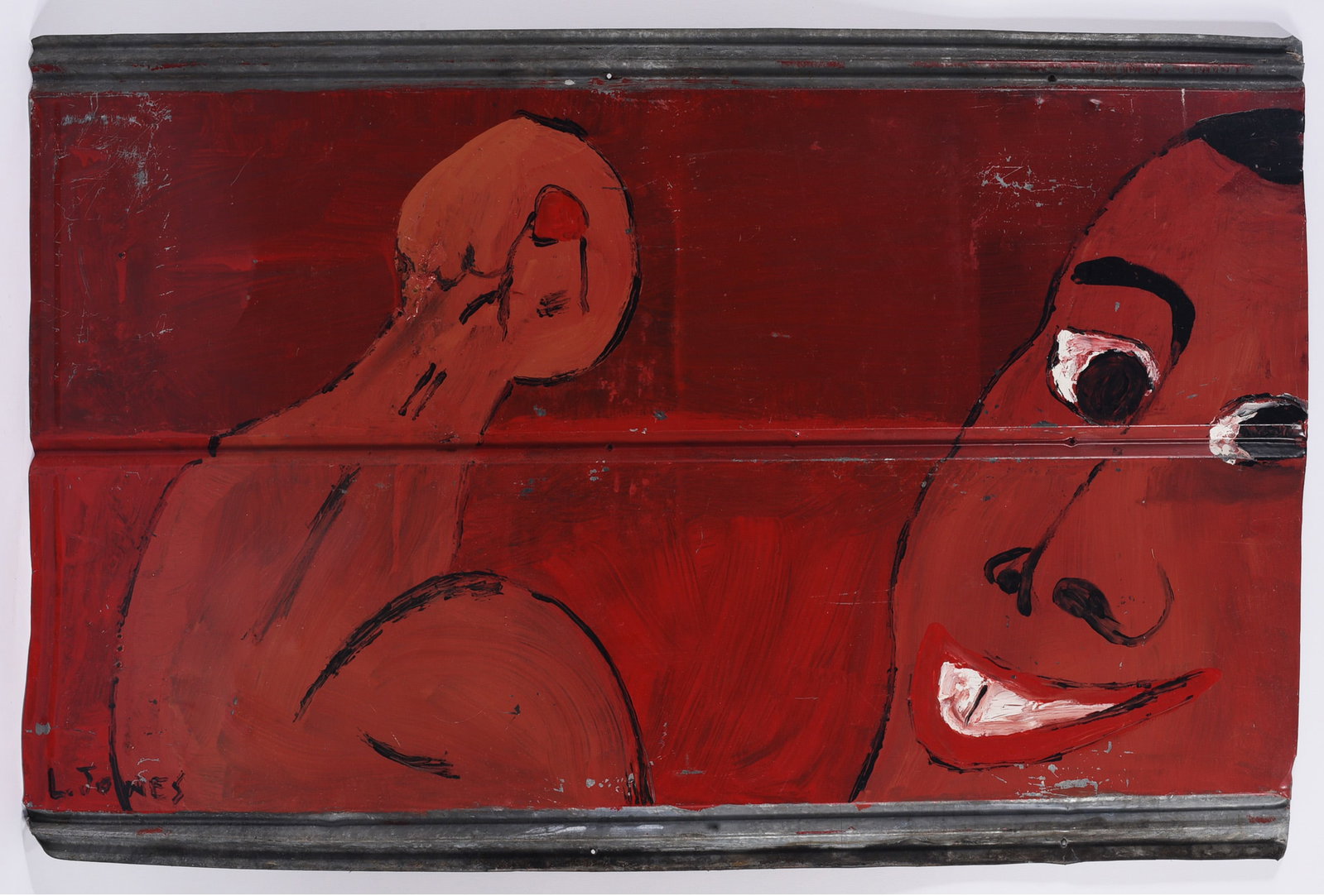 Leonard Jones Outsider Art Painting on Tin: Leonard Jones (b. 1955) outsider art painting on corrugated roofing tin featuring a close-up figural composition dominated by deep red tones and expressive facial features. Jones is a self-taught Geor