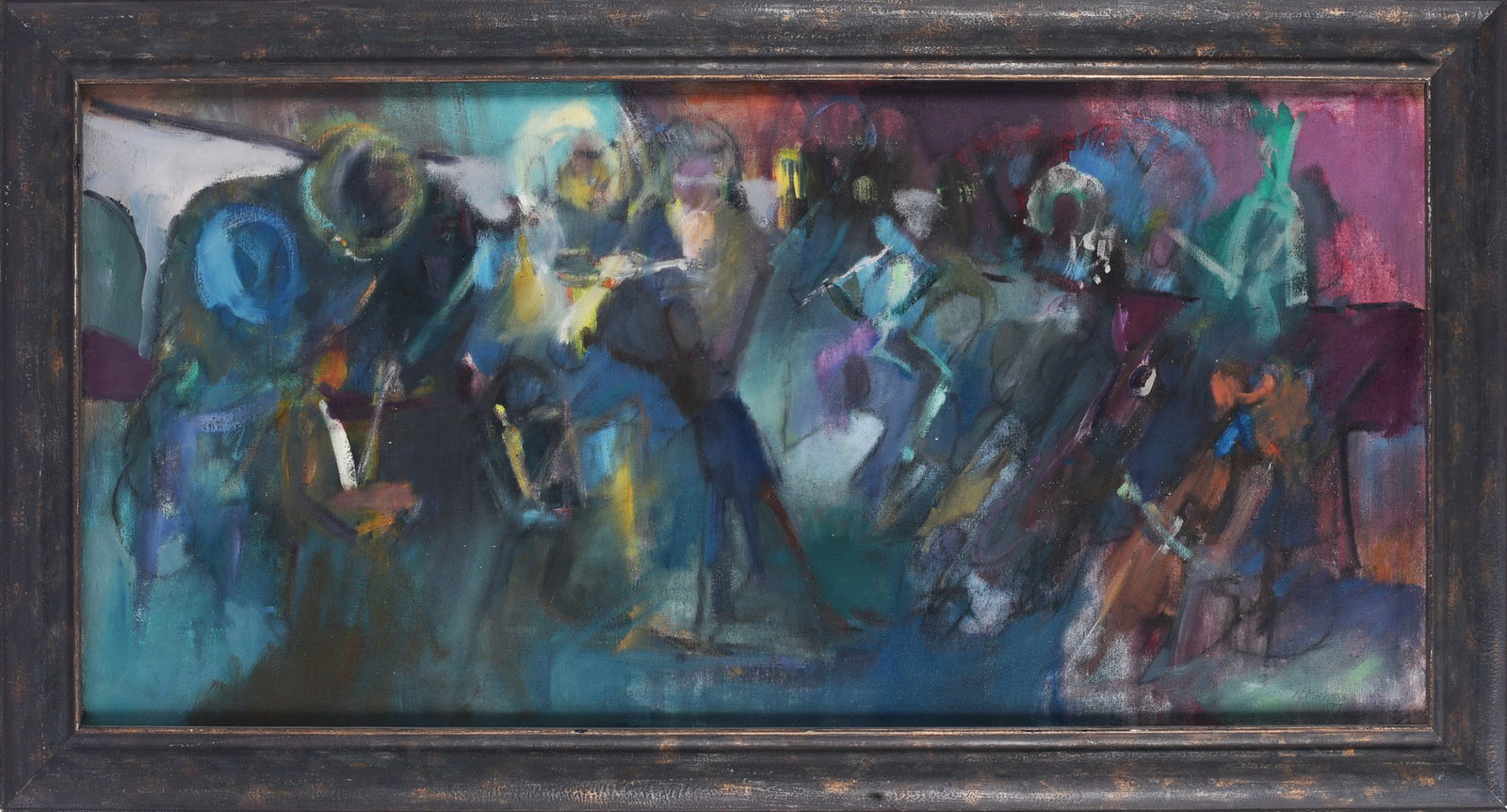 H. Michaels Painting on Canvas signed dated 1979: Painting on Canvas Signed, Dated 1979 — Large expressive painting on canvas depicting a group of musicians in a loosely rendered, atmospheric composition. Rich blue, turquoise, purple, and dark tone