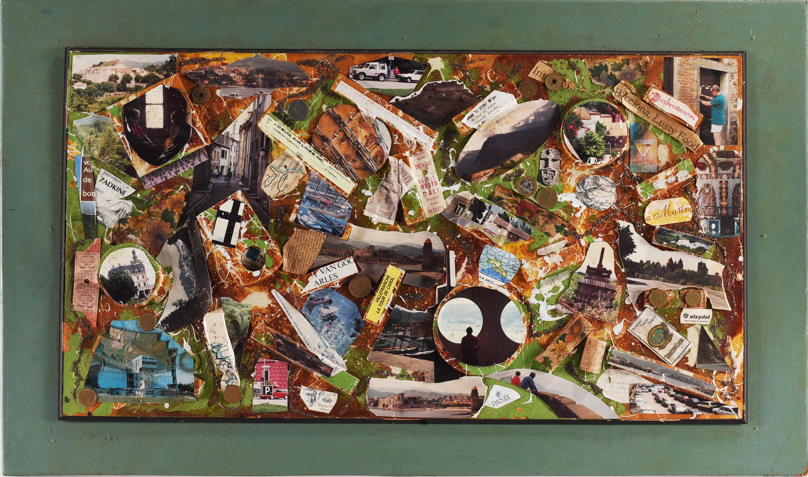 Ken Van Reck Art Collage Signed Lower Right dated 1992: Art Collage Signed Lower Right, Dated 1992 — Large mixed-media travel collage incorporating photographs, printed ephemera, maps, tickets, coins, clippings, and other materials arranged across a rich