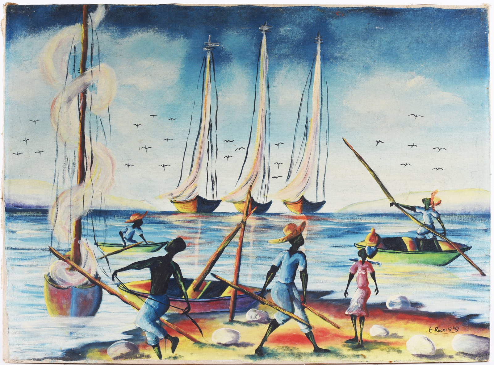 Hatian Painting Signed E. Rodriguez: Haitian Painting Signed E. Rodrigus — Haitian painting depicting a coastal scene populated by fishermen and women with boats and tall sailboats on blue water. Signed “E. Rodrigus” lower righ