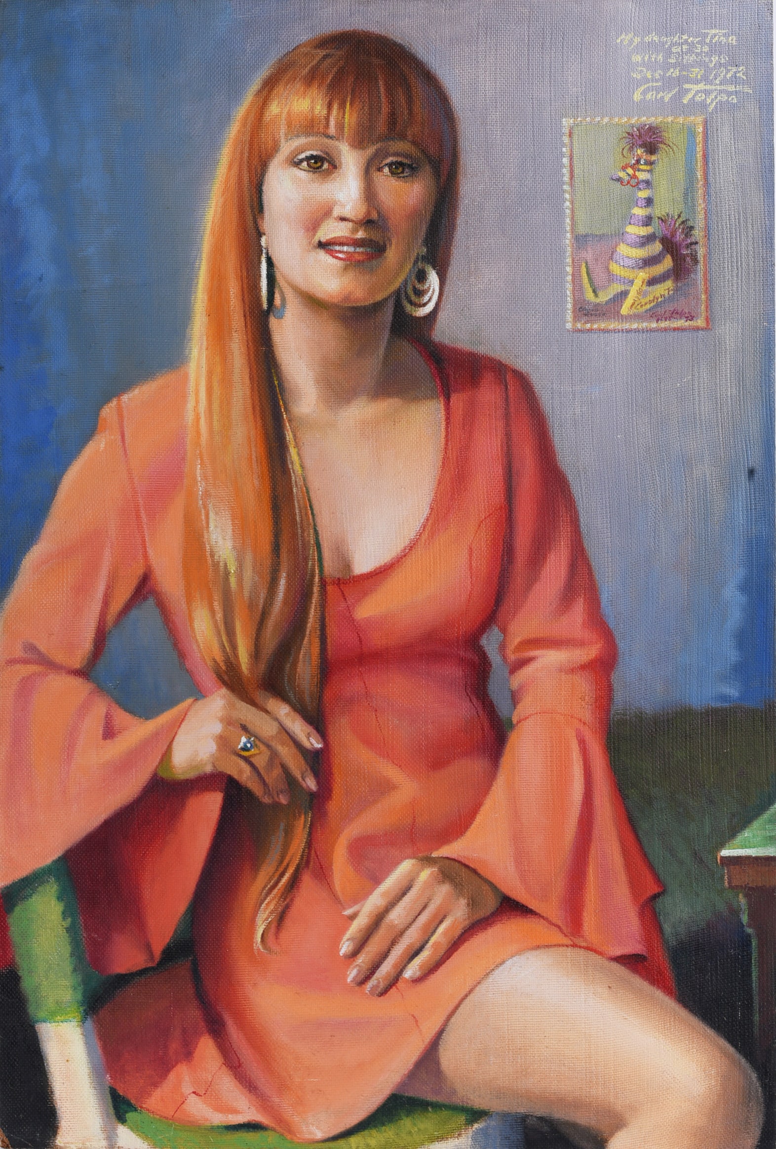 Carl Talpo Painting on Canvas Signed: Carl Talpo Painting on Canvas Signed — Carl Talpo portrait painting on canvas depicting a seated woman in an orange-red dress with long auburn hair. A small inset painted image appears in the upper 