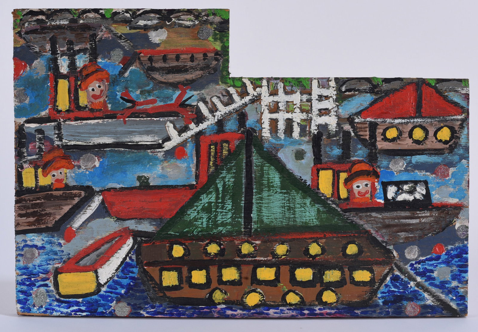 Tricia Stanson Folk Art Painting on Wood: Colorful folk art painting on wood depicting a lively harbor scene filled with boats, buildings, docks, and figures. Constructed on an irregularly shaped wooden support and rendered in bold primary co