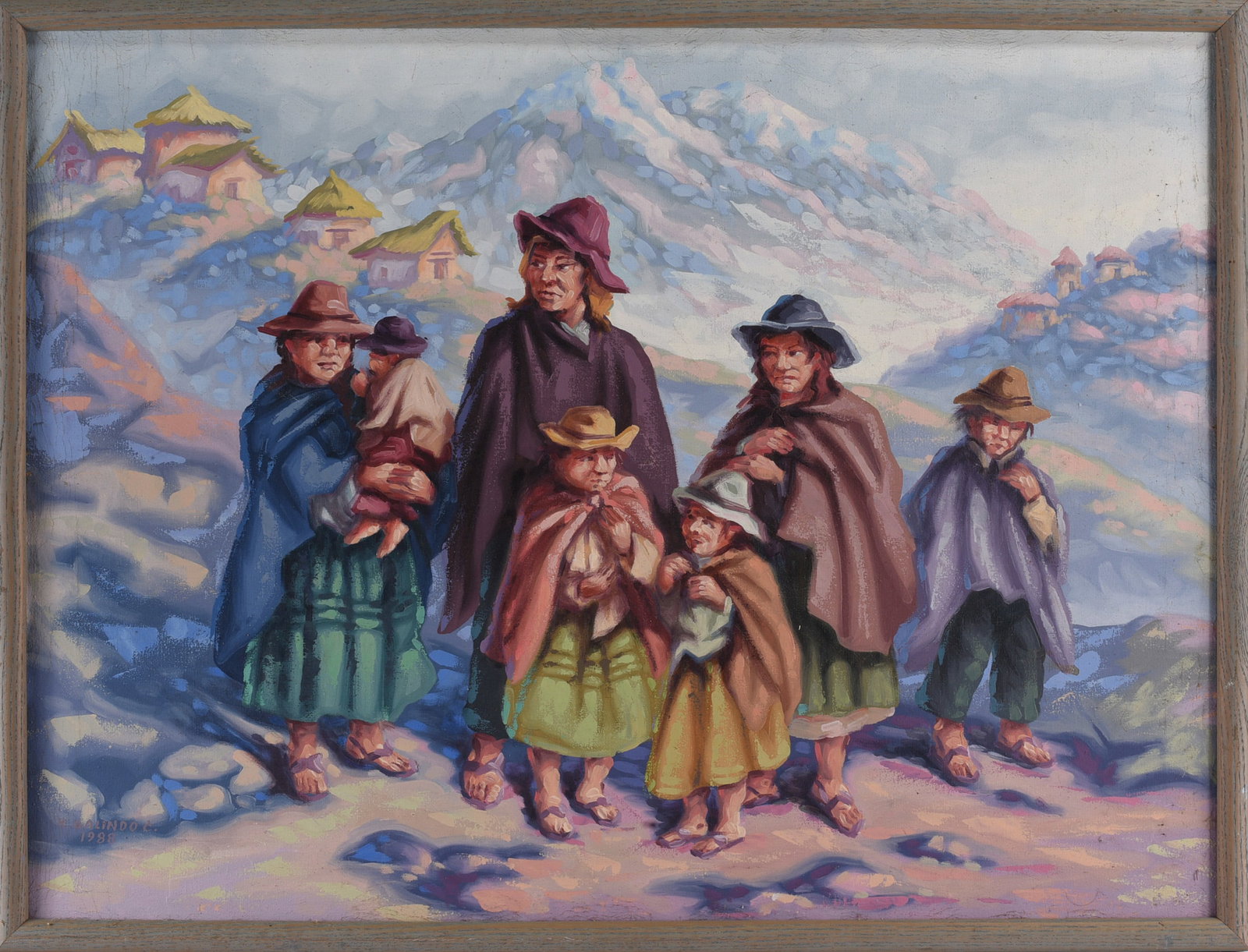 Painting on Canvas Signed Lower Left: Signed painting on canvas depicting a group of Indigenous Andean figures gathered in a mountainous landscape. Signed and dated 1980 lower left. Executed in a colorful figurative manner with dramatic m