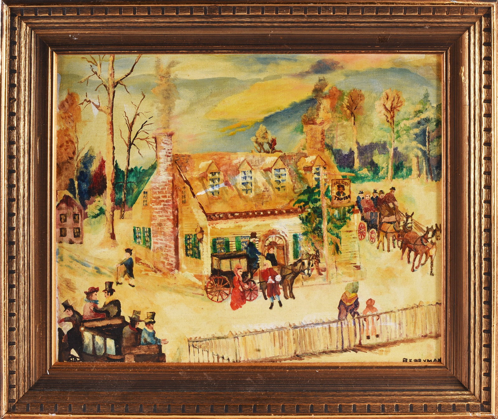Folk Art Painting Signed Lower Right: Vintage folk art painting depicting a bustling early American village or tavern scene with horse-drawn coaches, numerous figures, buildings, and a mountainous landscape beyond. Signed lower right and
