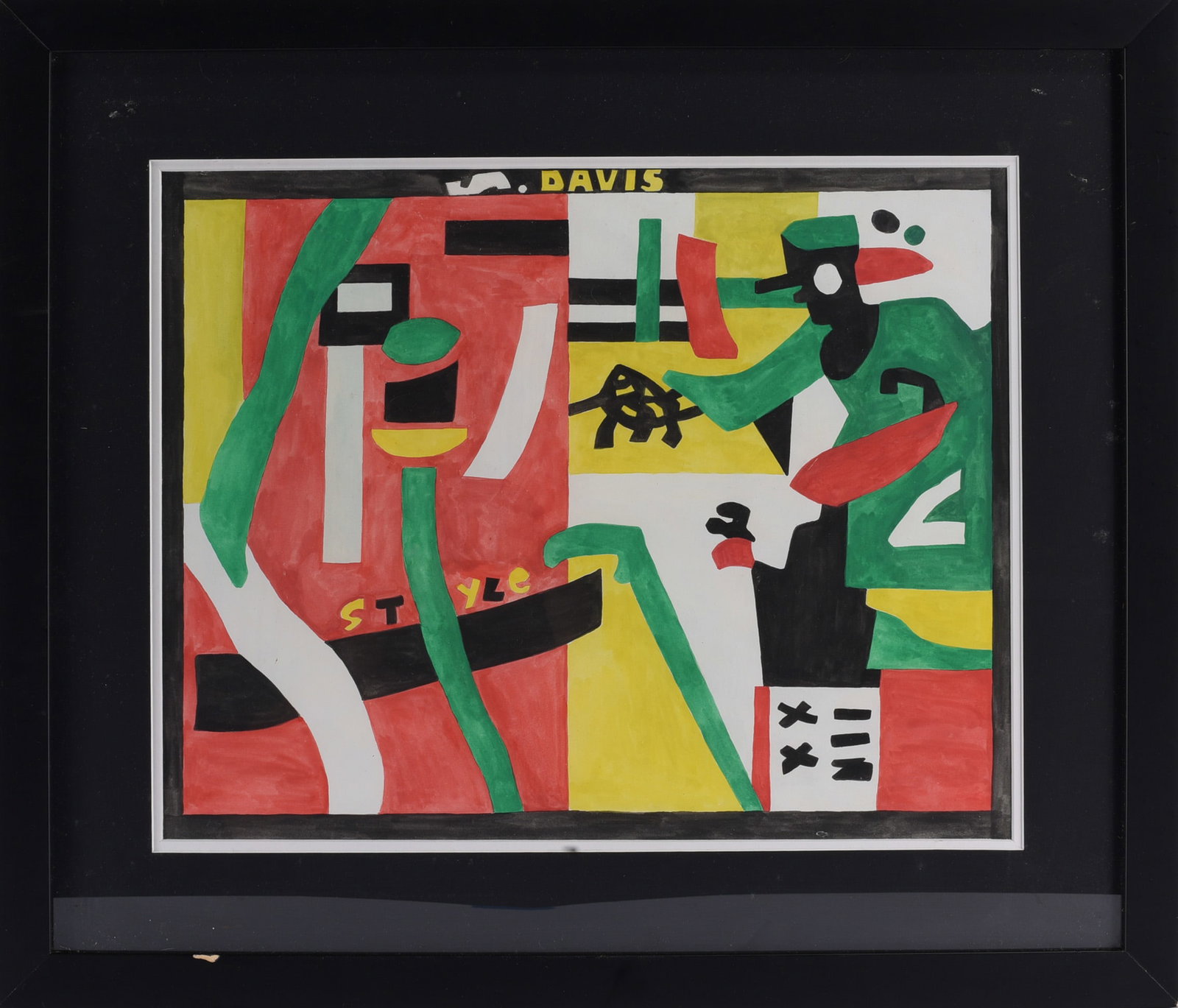 S. Davis (1894 - 1964) Folk Art Drawing: S. Davis (1894–1964) folk art drawing featuring bold geometric and figurative forms in red, green, yellow, black, and white. Signed “S. Davis” along the upper edge and presented under glass 