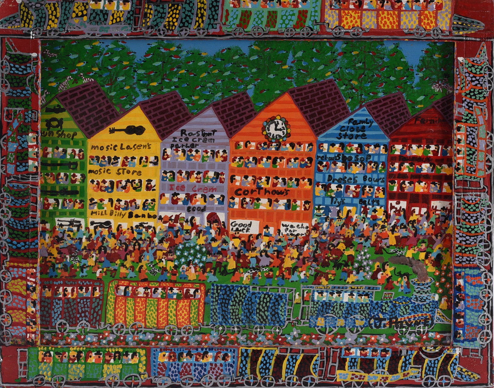 Jeff Payne Folk Art Painting: Jeff Payne folk art painting depicting a densely populated automobile race at “Appel Valley Speedway,” filled with brightly colored race cars, spectators, grandstands, emergency vehicles, and 