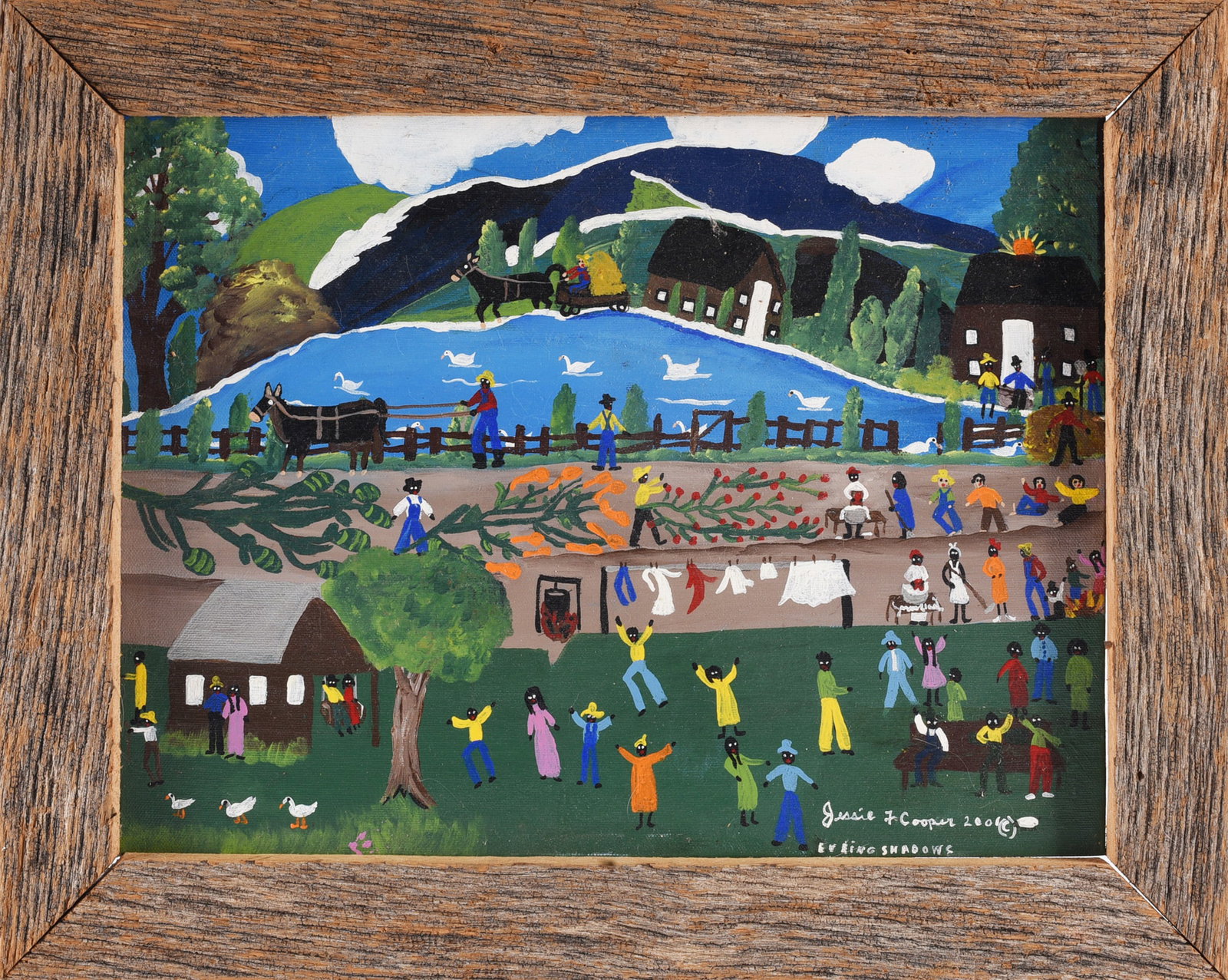 Jessie Cooper Folk Art Painting: Jessie F. Cooper folk art painting titled “Evening Shadows,” depicting an expansive rural community scene with figures working, socializing, tending crops, hanging laundry, and traveling by ho
