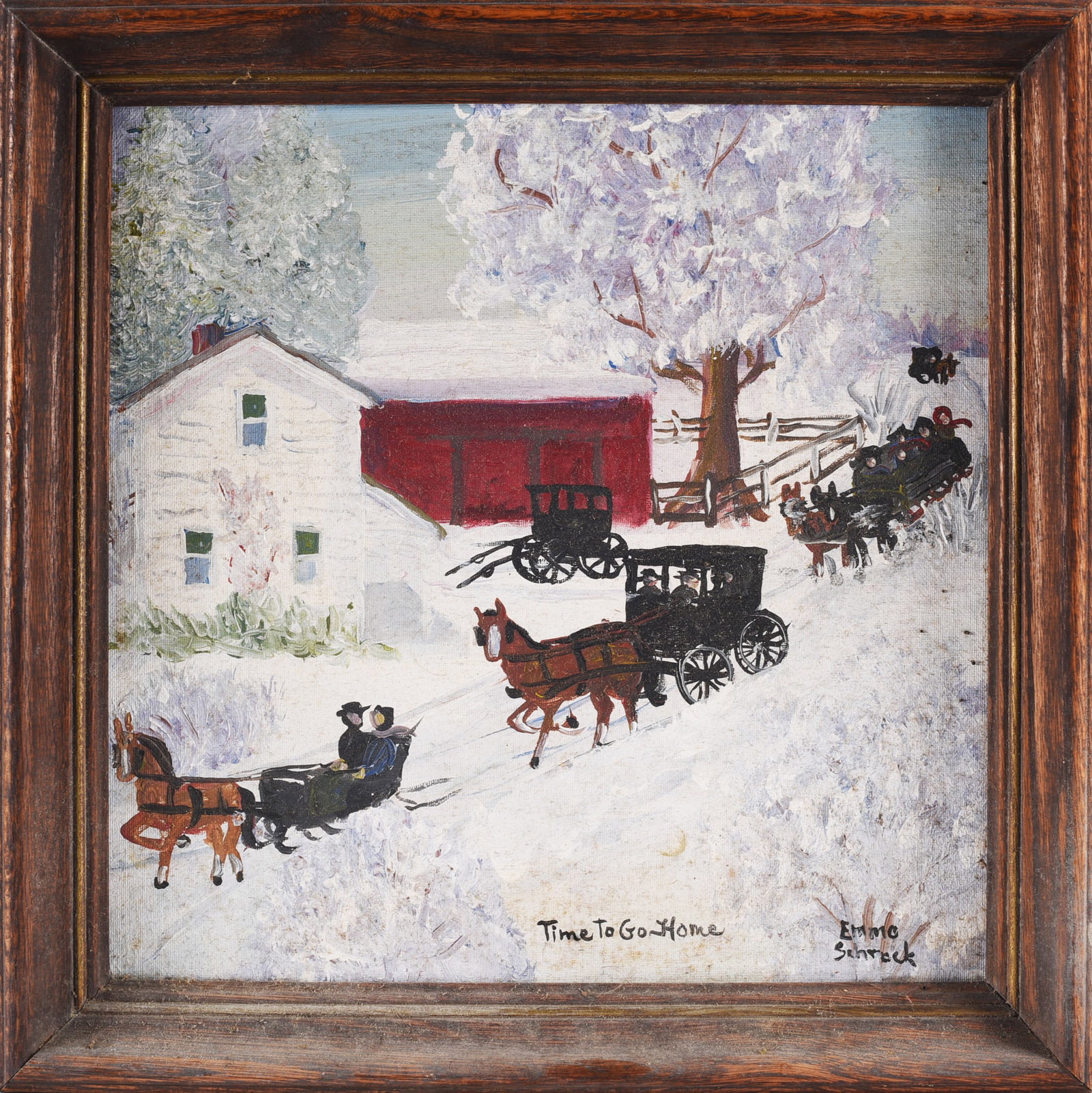 Emma Schrock Folk Art Painting: Painting by Emma Schrock (1924–1991), noted Amish folk artist of northern Indiana. The winter scene, titled “Time To Go Home,” depicts horse-drawn buggies and sleighs traveling through a