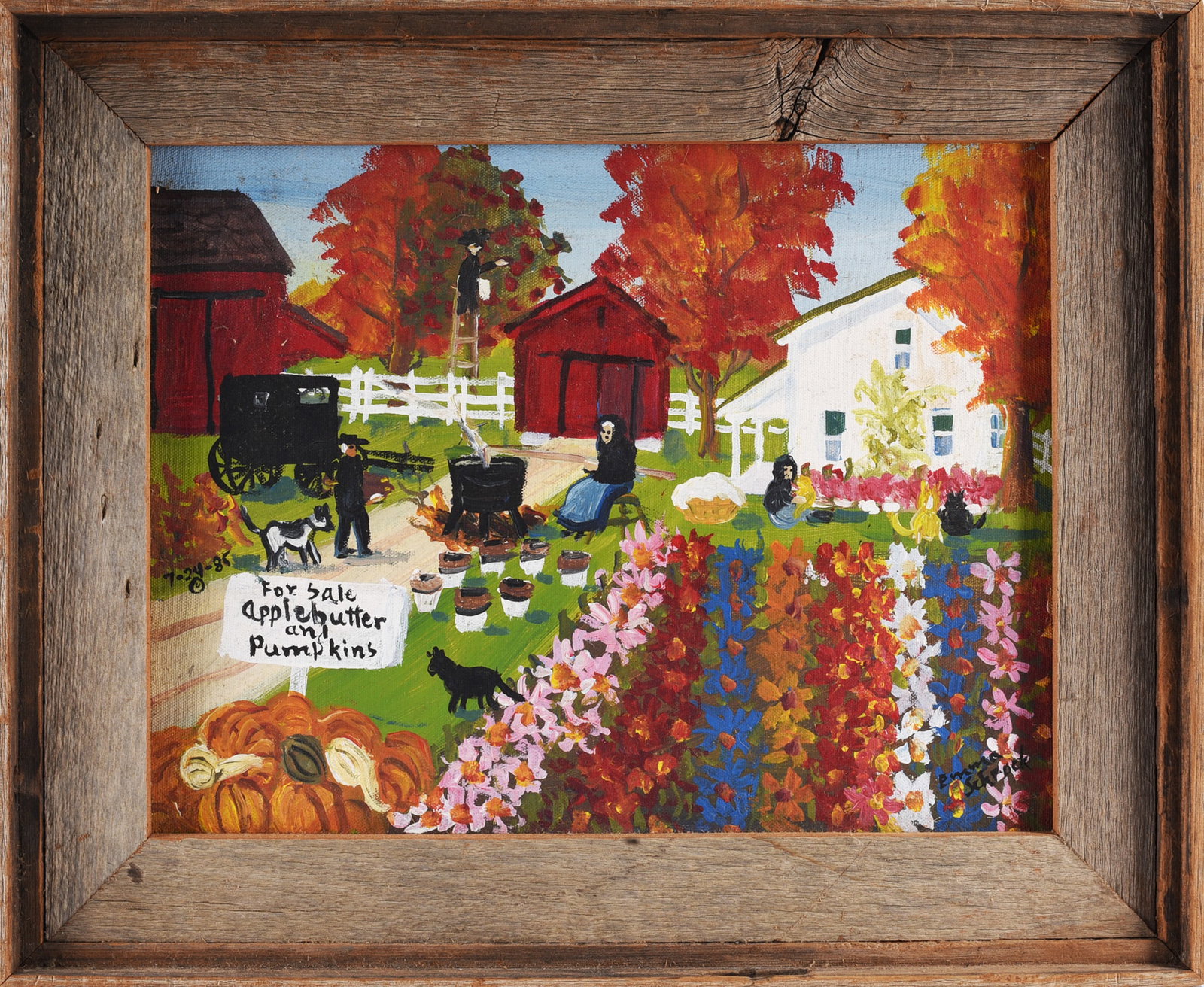 Emma Schrock Folk Art Painting: Painting by Emma Schrock (1924–1991), noted Amish folk artist of northern Indiana. Colorful autumn farm scene depicting figures gathering and selling apples, butter and pumpkins among barns, farmhou