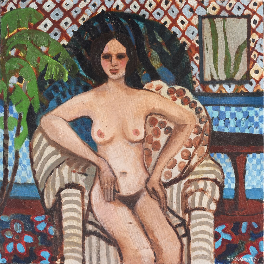 Ira Moskowitz Nude Folk Art Painting Signed: Nude folk art painting on canvas depicting a seated female figure in a patterned interior with tropical foliage and boldly rendered furnishings. Signed “Mosley” lower right. Unframed.