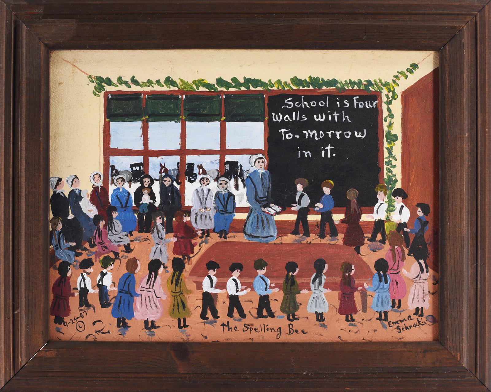 Emma Schrock Folk Art Painting: Painting by Emma Schrock (1924–1991), noted Amish folk artist of northern Indiana. Titled “The Spelling Bee,” depicting a lively schoolroom filled with children and adults beneath a