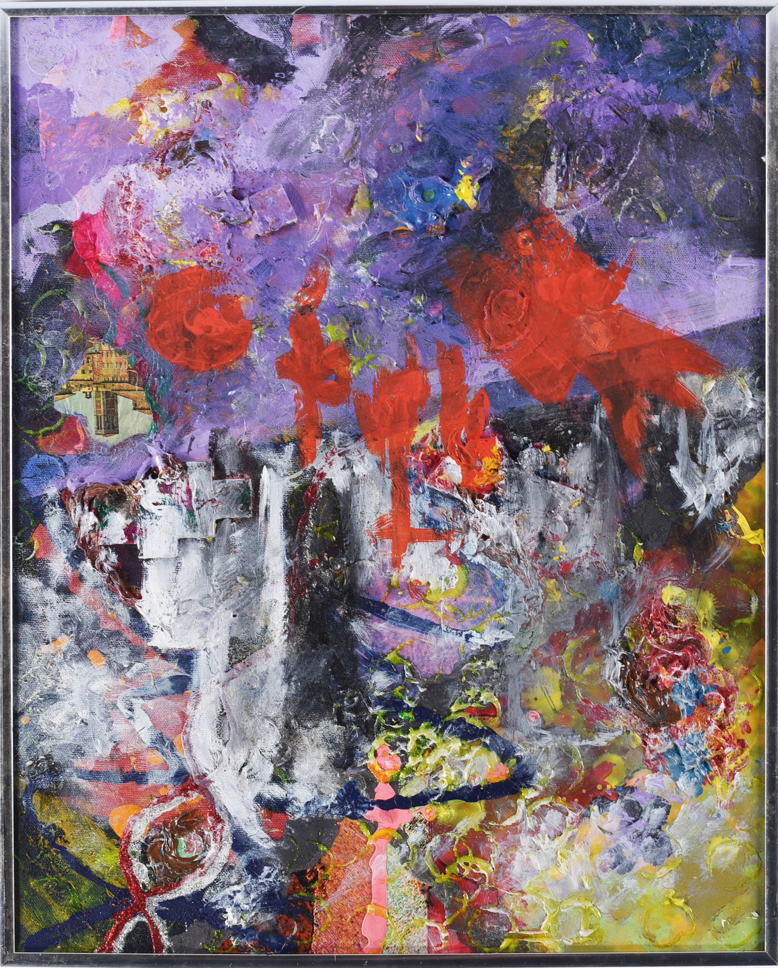 Samantha Davenport Abstract Art on Canvas: Abstract painting on canvas by Samantha Davenport, featuring an energetic layered composition of purple, red, white, black, yellow and other colors with heavy gestural brushwork and areas of pronounce