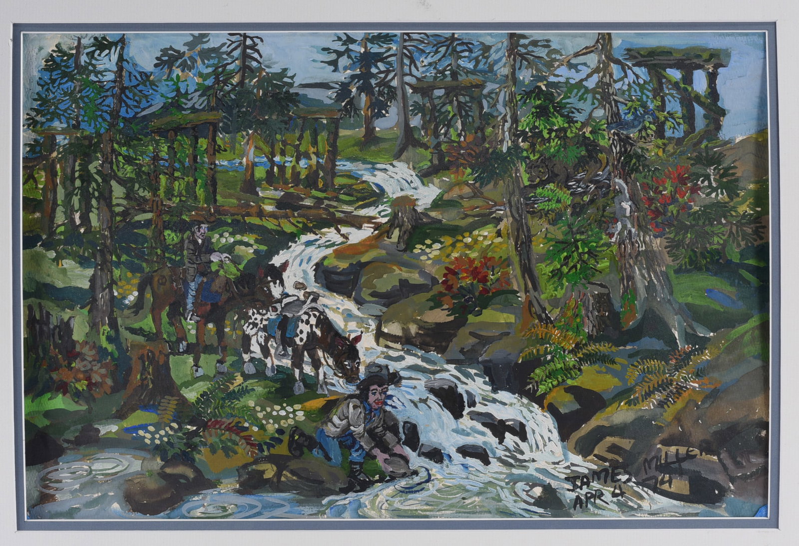 James Miller Work On Paper: Work on paper by James Miller depicting a densely wooded mountain landscape with rushing stream, waterfalls, rocks, figures and pack animals. Executed in opaque color with strong graphic detail.