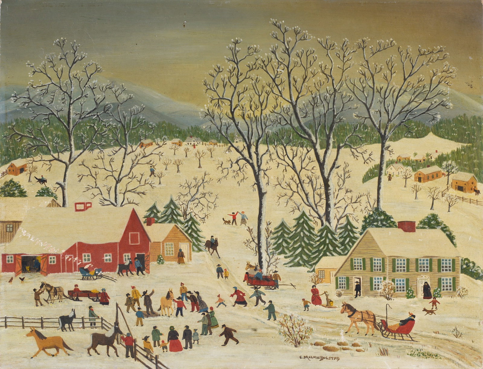 Melvin Bolstad Painting: Winter landscape painting by E. Melvin Bolstad depicting a snow-covered rural community with farmhouses, barns, horse-drawn sleighs, numerous figures and leafless trees set against distant mountains. 