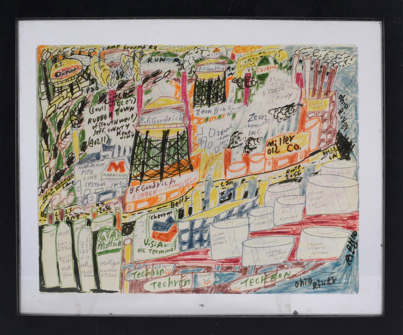 Mark Anthony Mulligan Marker and Mixed Media on Paper: Marker and mixed media work on paper depicting an industrial landscape along the Ohio River, densely filled with factories, refineries, chemical plants, oil tanks, pipelines, corporate names and