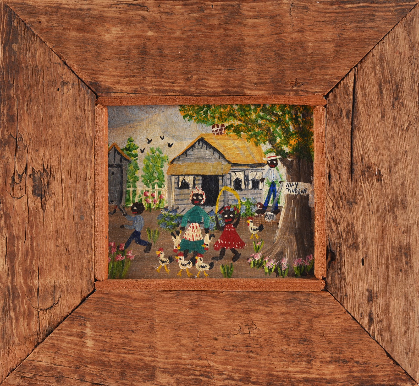 May Kugler Folk Art Painting: Folk art painting by May Kugler depicting a lively rural Southern yard scene with figures, chickens, flowers and a modest house. Signed “May Kugler” within the composition and presented in a