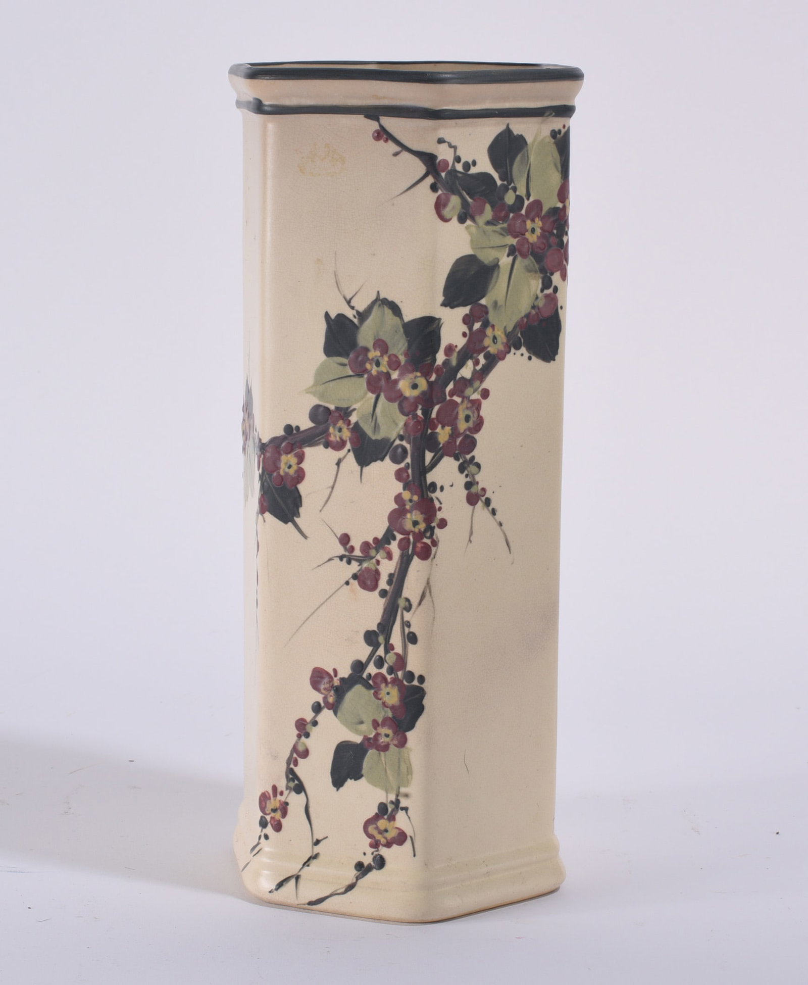 Weller Pottery Mid Century Vase: Weller Pottery Mid-century ceramic vase of tall rectangular form with softly rounded corners and a cream-colored glazed ground. Decorated with hand-painted flowering branches in burgundy, green,