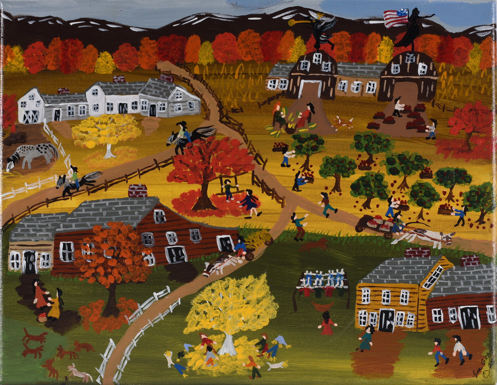 Lee Gray Self Taught Artist Painting: Self-taught folk art painting by Lee Gray depicting a lively autumn farm scene with houses, barns, apple trees, horse-drawn wagons and numerous figures engaged in seasonal activities. Mountains and