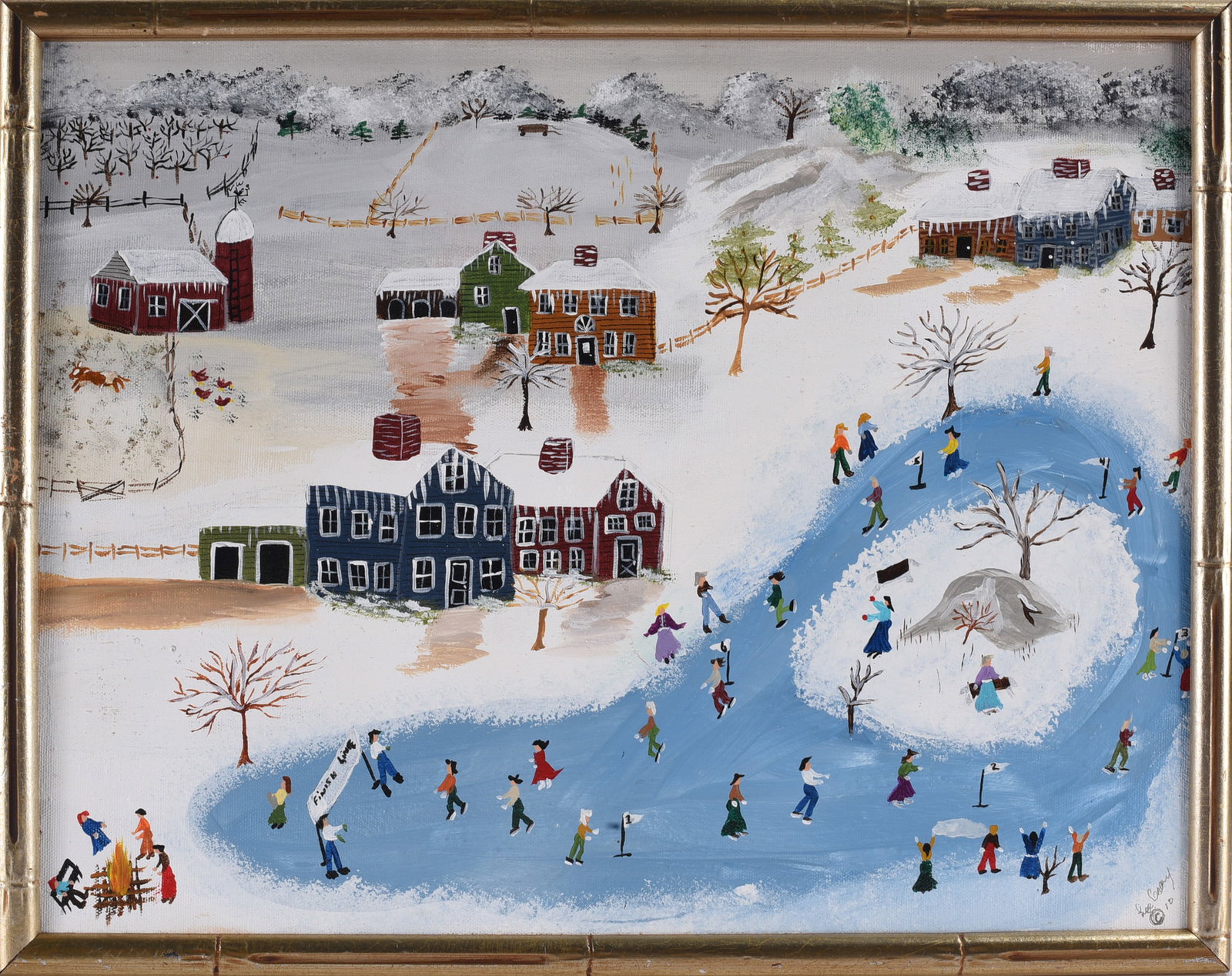 Lee Gray Self Taught Artist Painting: Self-taught folk art painting by Lee Gray depicting a bustling winter scene centered around a frozen pond. Numerous figures skate across the ice while snow-covered homes, barns, trees and distant hill