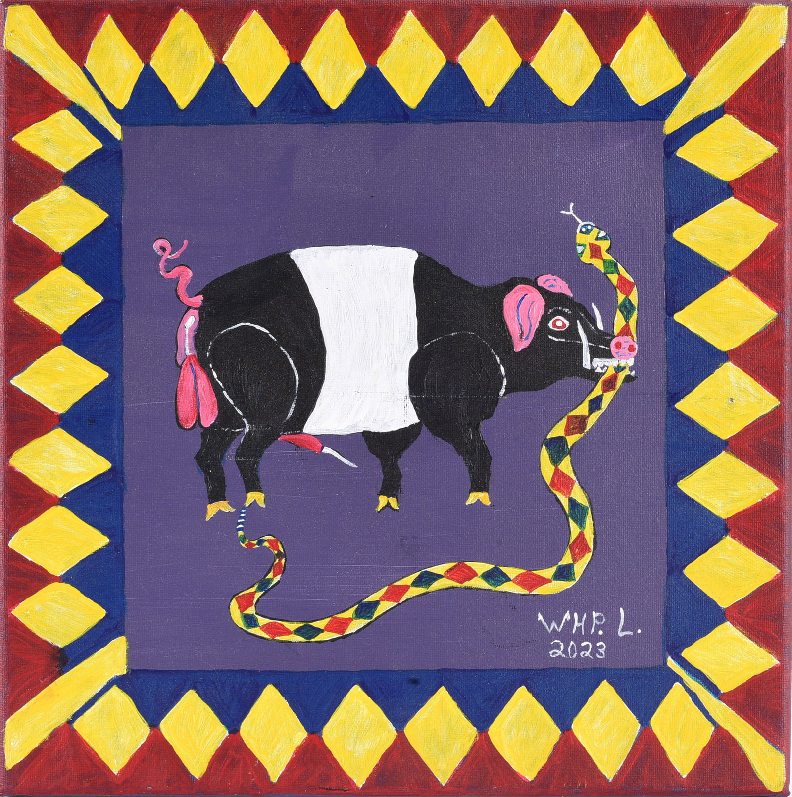 Wade Ledbetter Folk Art Painting: Folk art painting by Wade Ledbetter depicting a fanciful black-and-white pig confronting a brightly patterned serpent. Painted in bold red, yellow, blue, black and white against a purple ground and