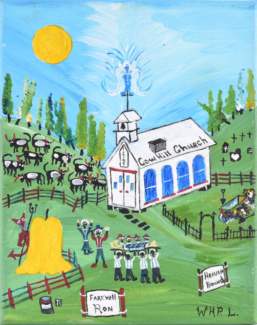 Wade Ledbetter Folk Art Painting: Folk art painting by Wade Ledbetter depicting a country church and cemetery in a rolling rural landscape. The highly imaginative scene includes cattle, a funeral procession, figures carrying a coffin,