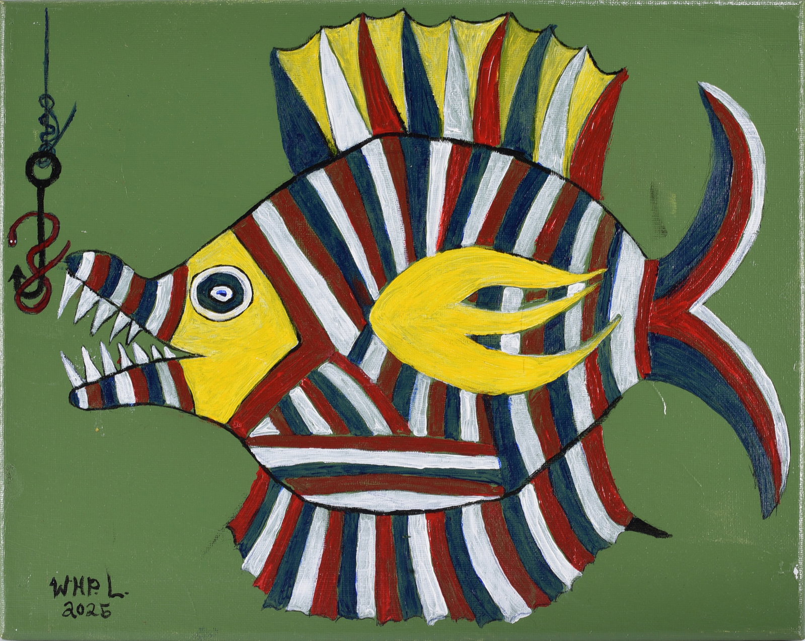 Wade Ledbetter Folk Art Painting: Folk art painting by Wade Ledbetter depicting a fantastical striped fish approaching a fishing hook and worm. Executed in bold red, white, blue and yellow with exaggerated teeth and fins against a gre