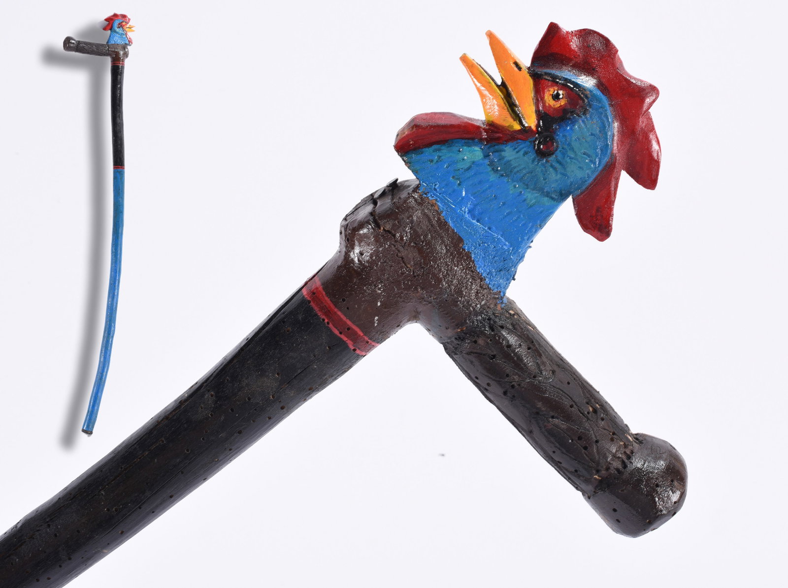 Richard Roebuck Folk Art Painted Cane Walking Stick: Hand-carved and painted folk art walking stick by Richard Roebuck, featuring a colorful rooster head incorporated into the handle. The bird is rendered in vivid blue, red and orange with an open beak 