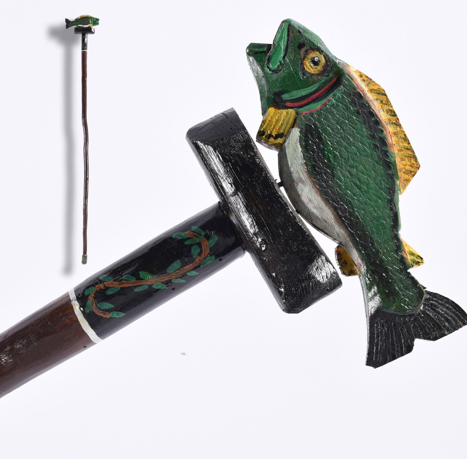 Richard Roebuck Folk Art Painted Cane Walking Stick: Hand-carved and painted folk art walking stick by Richard Roebuck, featuring a large carved fish mounted at the handle. The fish is painted in shades of green, black and yellow with carved scale and f
