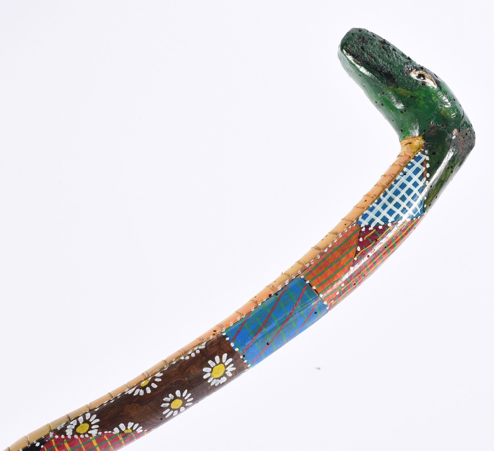Richard Roebuck Folk Art Painted Cane Walking Stick: Hand-carved and painted folk art walking stick by Richard Roebuck, featuring a stylized green animal or reptile head forming the curved handle. The shaft is extensively decorated with colorful plaid-l