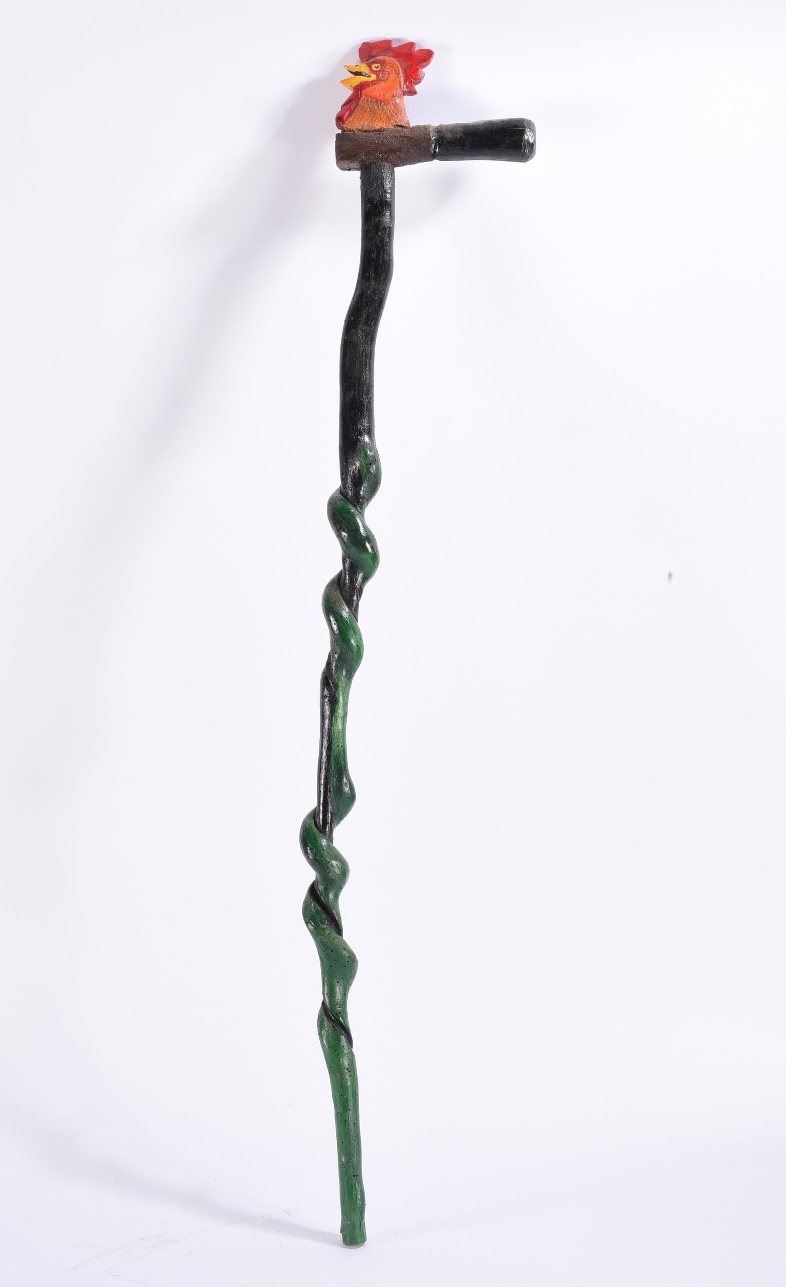 Richard Roebuck Folk Art Painted Cane Walking Stick: Hand-carved and painted folk art walking stick by Richard Roebuck, featuring a colorful rooster head mounted above a T-form handle. A green serpent winds repeatedly around the dark shaft before transi