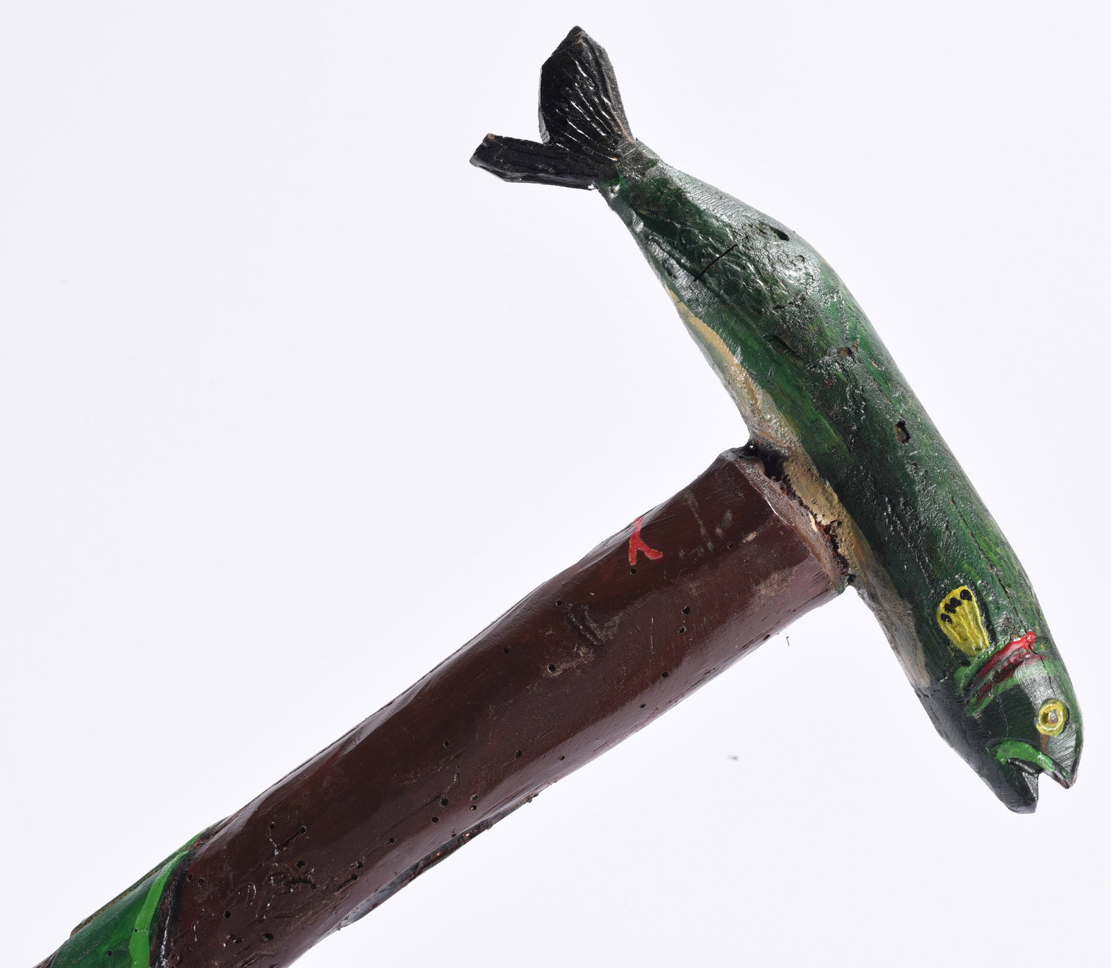 Richard Roebuck Folk Art Painted Cane Walking Stick: Hand-carved and painted folk art walking stick by Richard Roebuck, featuring a large green fish forming the handle. The fish is rendered with carved and painted details including black fins, yellow ac