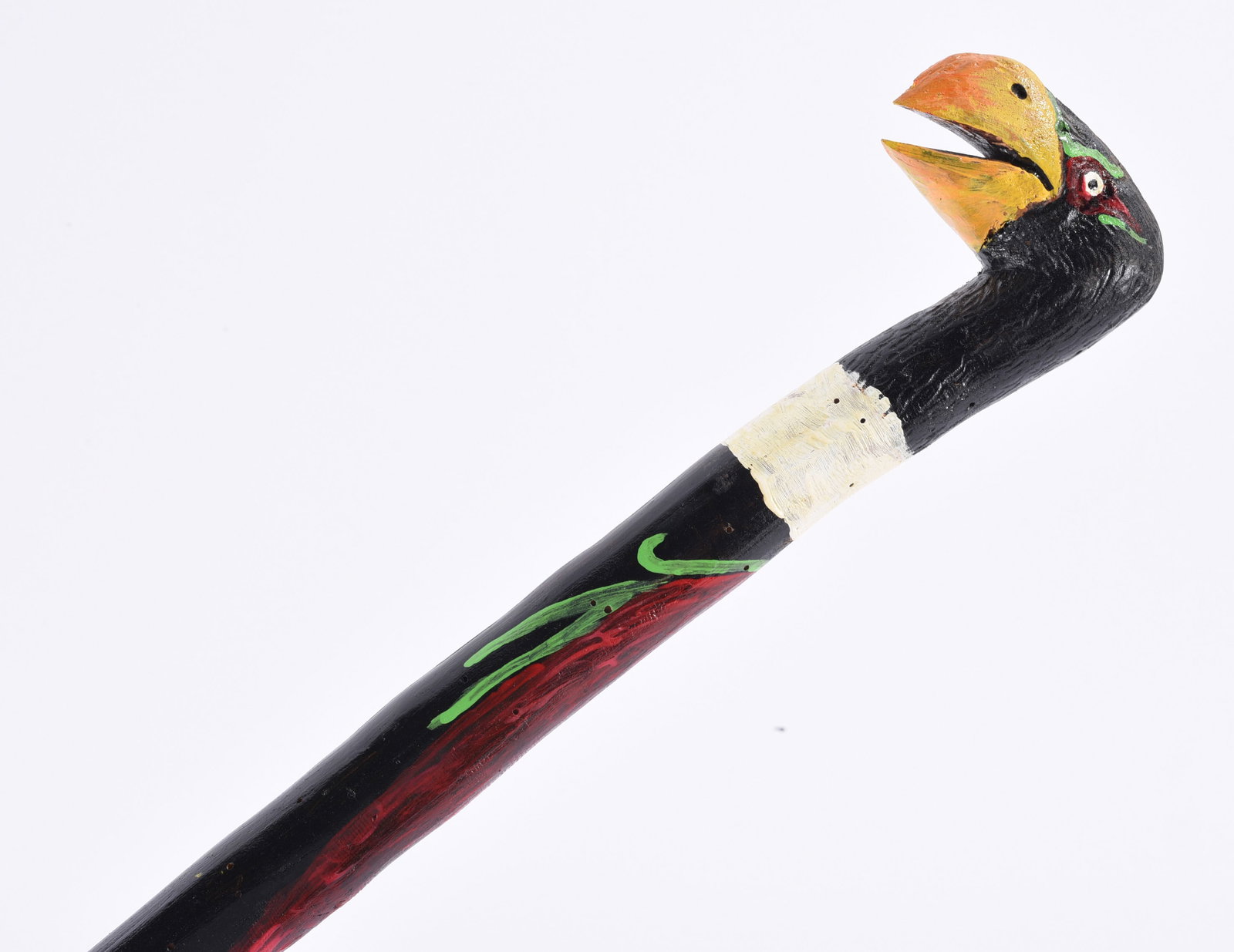 Richard Roebuck Folk Art Painted Cane Walking Stick: Hand-carved and painted folk art walking stick by Richard Roebuck, featuring a boldly carved bird head with an open yellow-orange beak. The dark painted shaft is accented with red and green decorative
