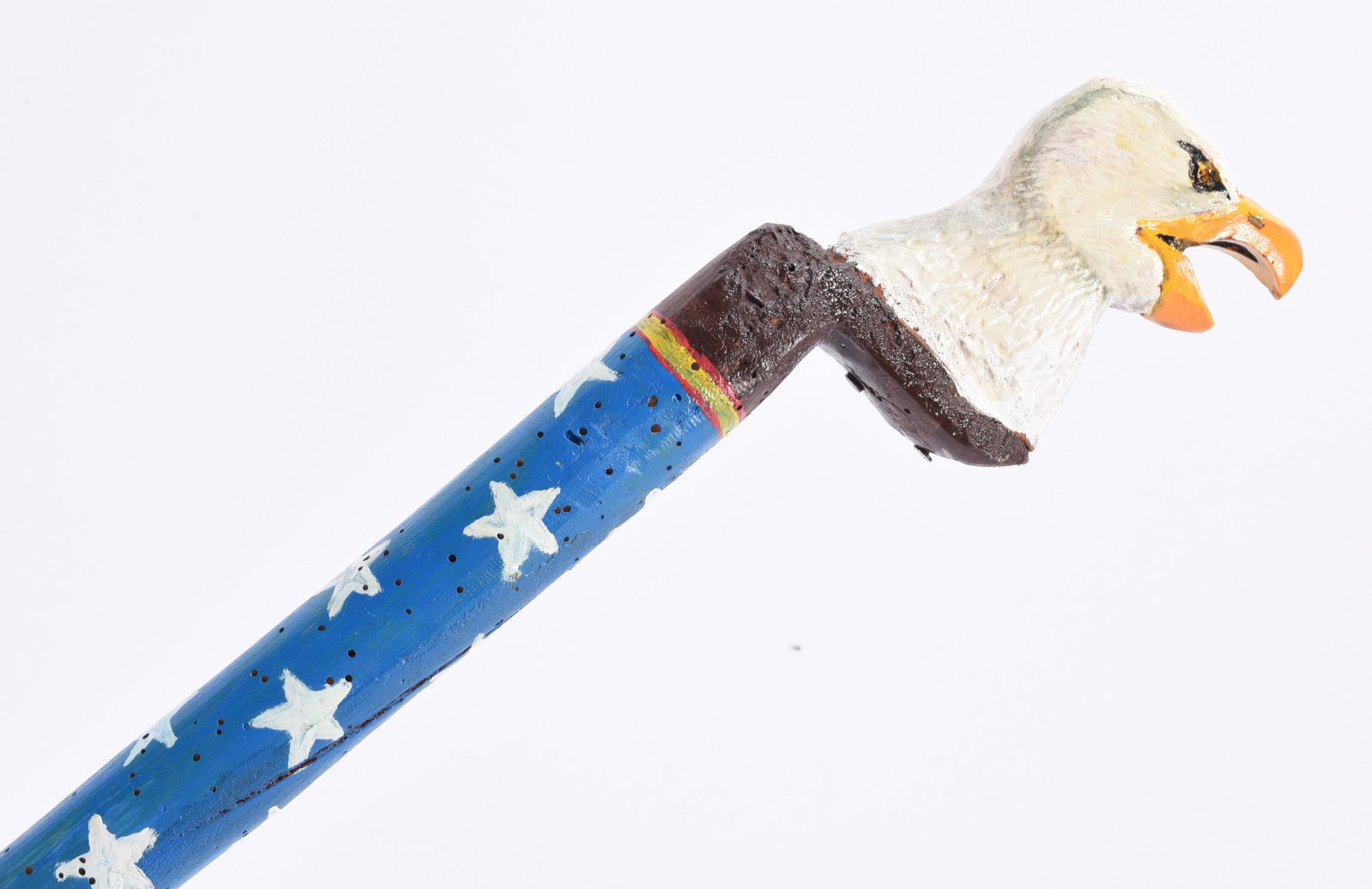 Richard Roebuck Folk Art Painted Cane Walking Stick: Hand-carved and painted folk art walking stick by Richard Roebuck, featuring a sculptural bald eagle head handle with white plumage and an orange beak. The blue-painted shaft is decorated with white s