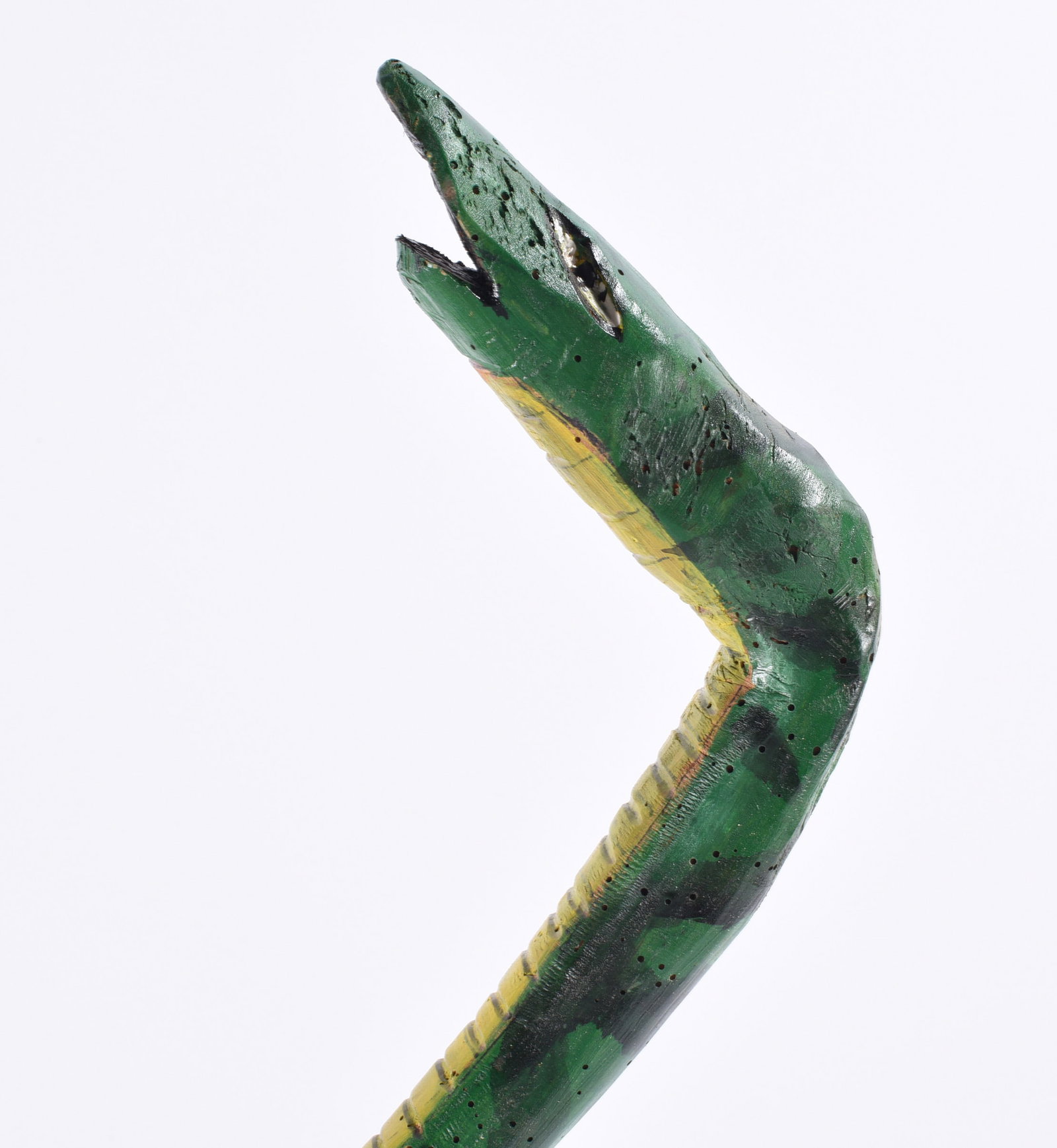 Richard Roebuck Folk Art Painted Cane Walking Stick: Hand-carved and painted folk art walking stick by Richard Roebuck, featuring an elongated green alligator or crocodile head forming the handle. The carved figure has an open mouth, painted eye, yellow