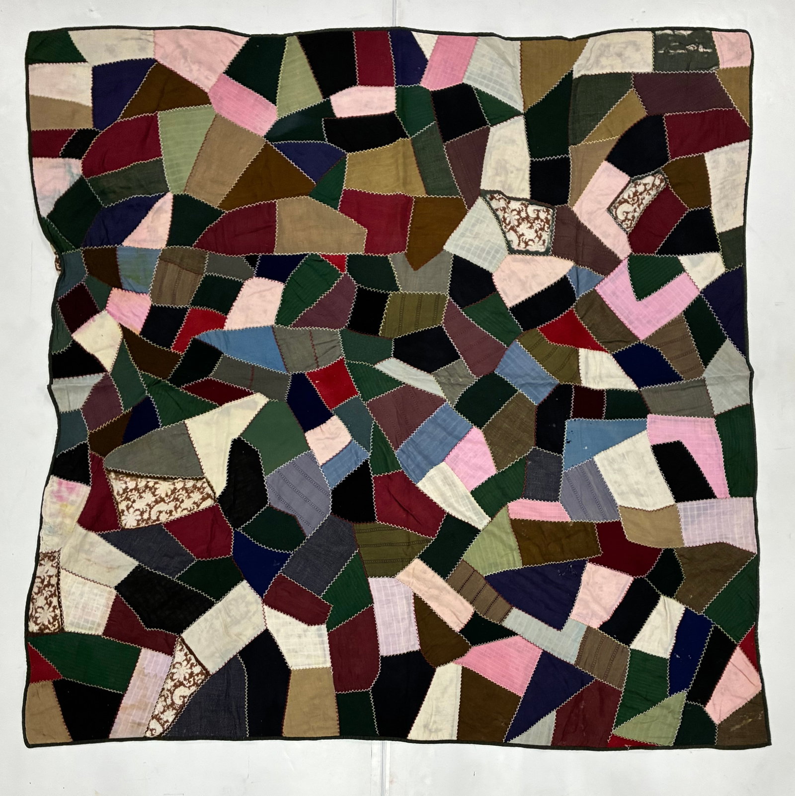 American Crazy Quilt in Wool & Mixed Fabrics, Circa 1900-1930 (1 of 2)