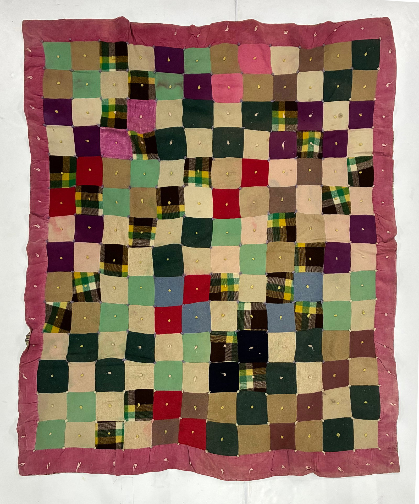 American Utility Nine-Patch Wool Scrap Tied Quilt, Circa 1920-1940 (1 of 2)