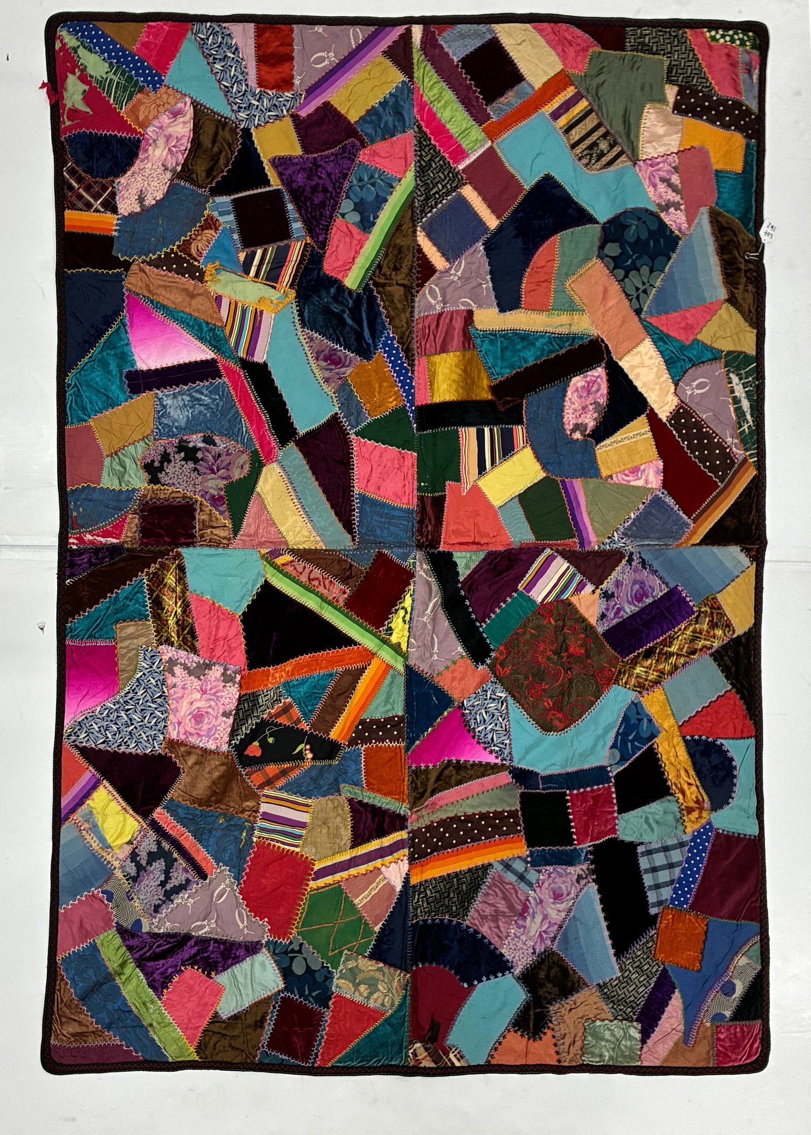 American Four-Block Crazy Quilt in Silk & Mixed Fabrics, Circa 1900-1930 (1 of 2)