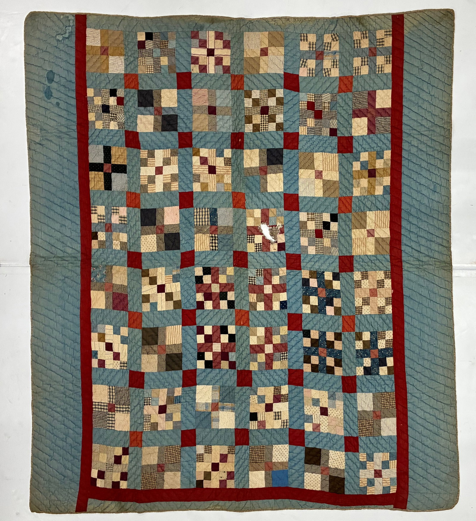 American Nine-Patch Scrap Quilt with Blue Sashing, Circa 1900-1930 (1 of 2)