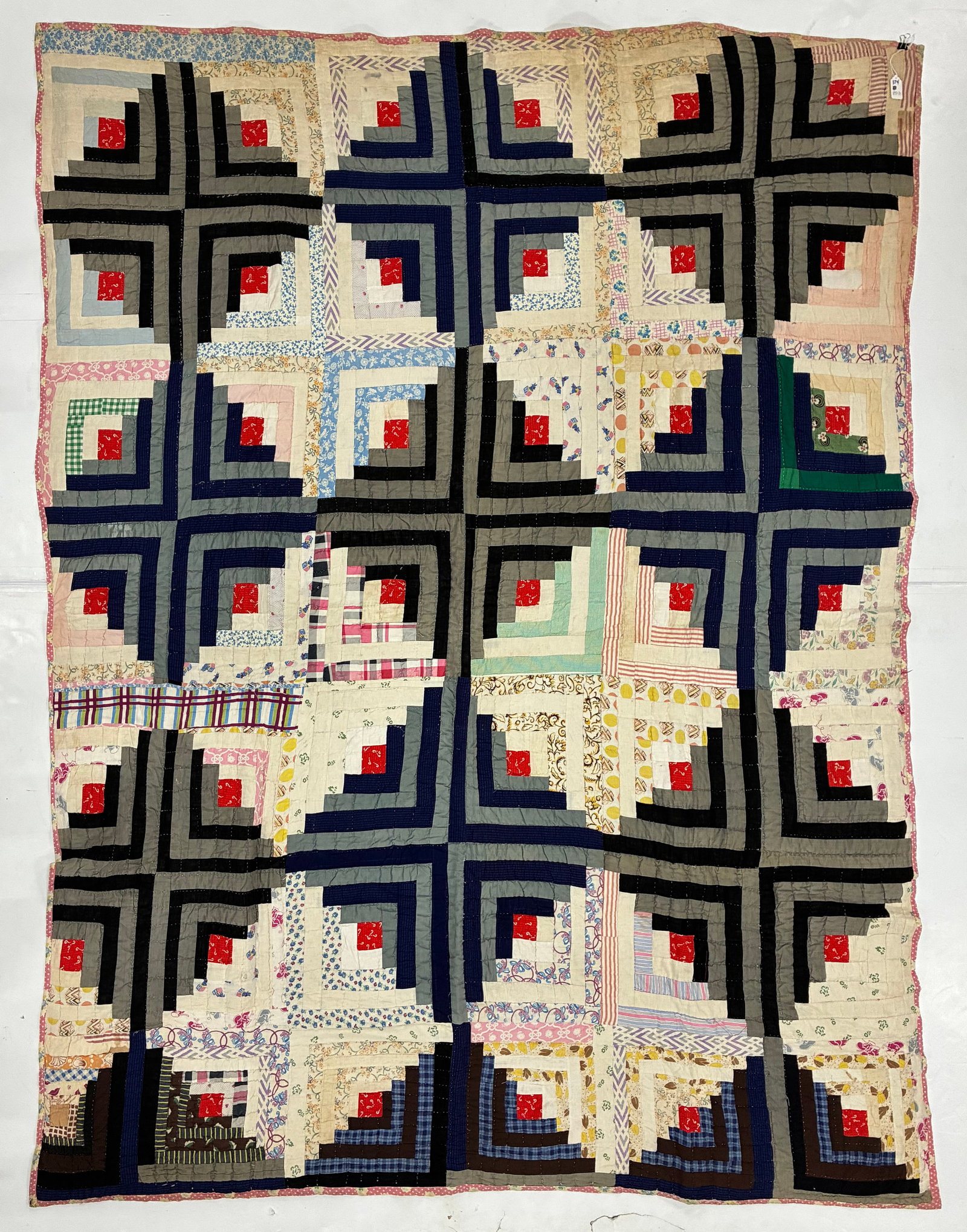 American Log Cabin Quilt with Red Centers, Circa 1900-1930 (1 of 2)