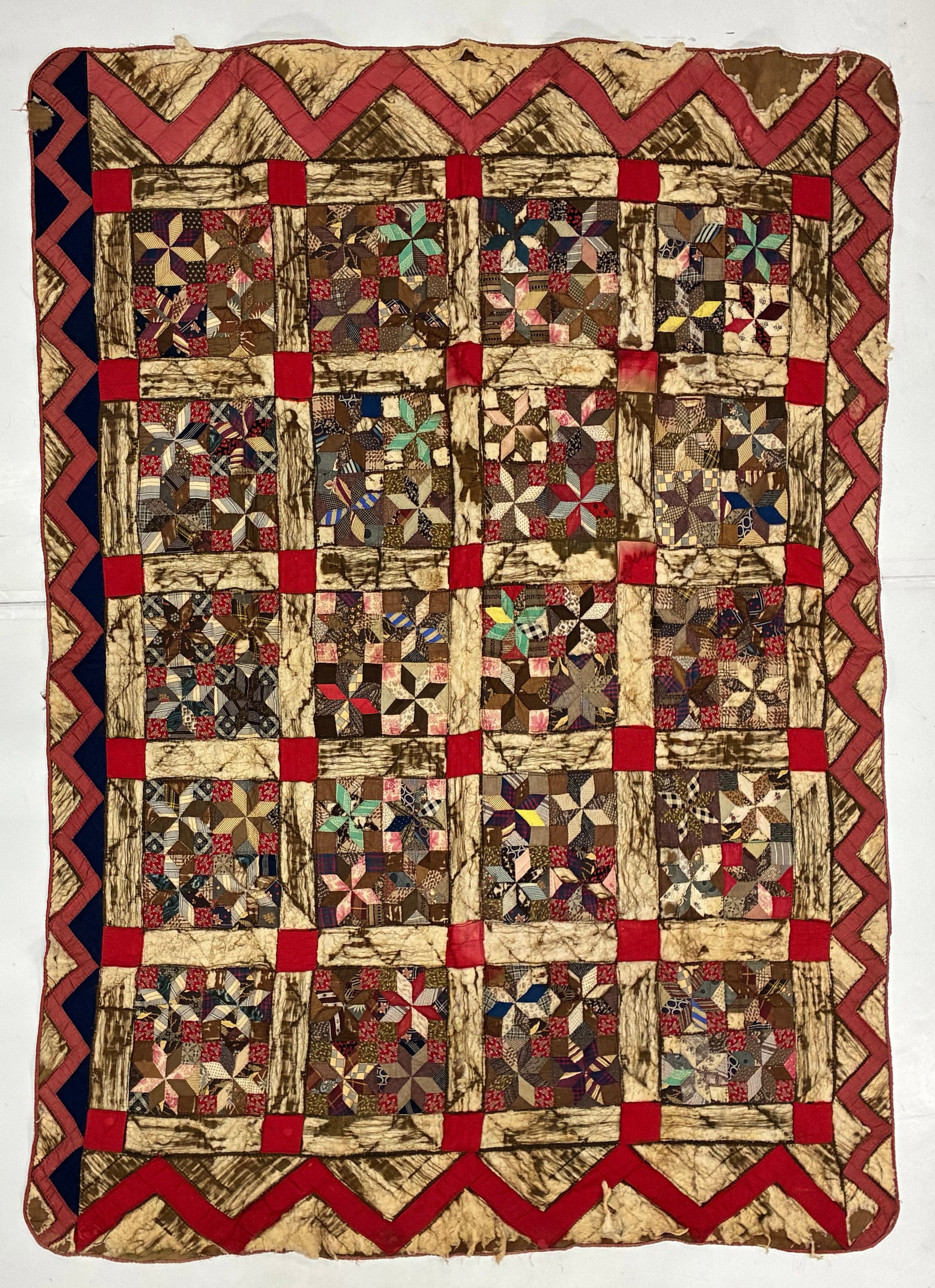 Early American Scrap Star Block Quilt with Red Sashing, Circa 1900-1930 (1 of 2)