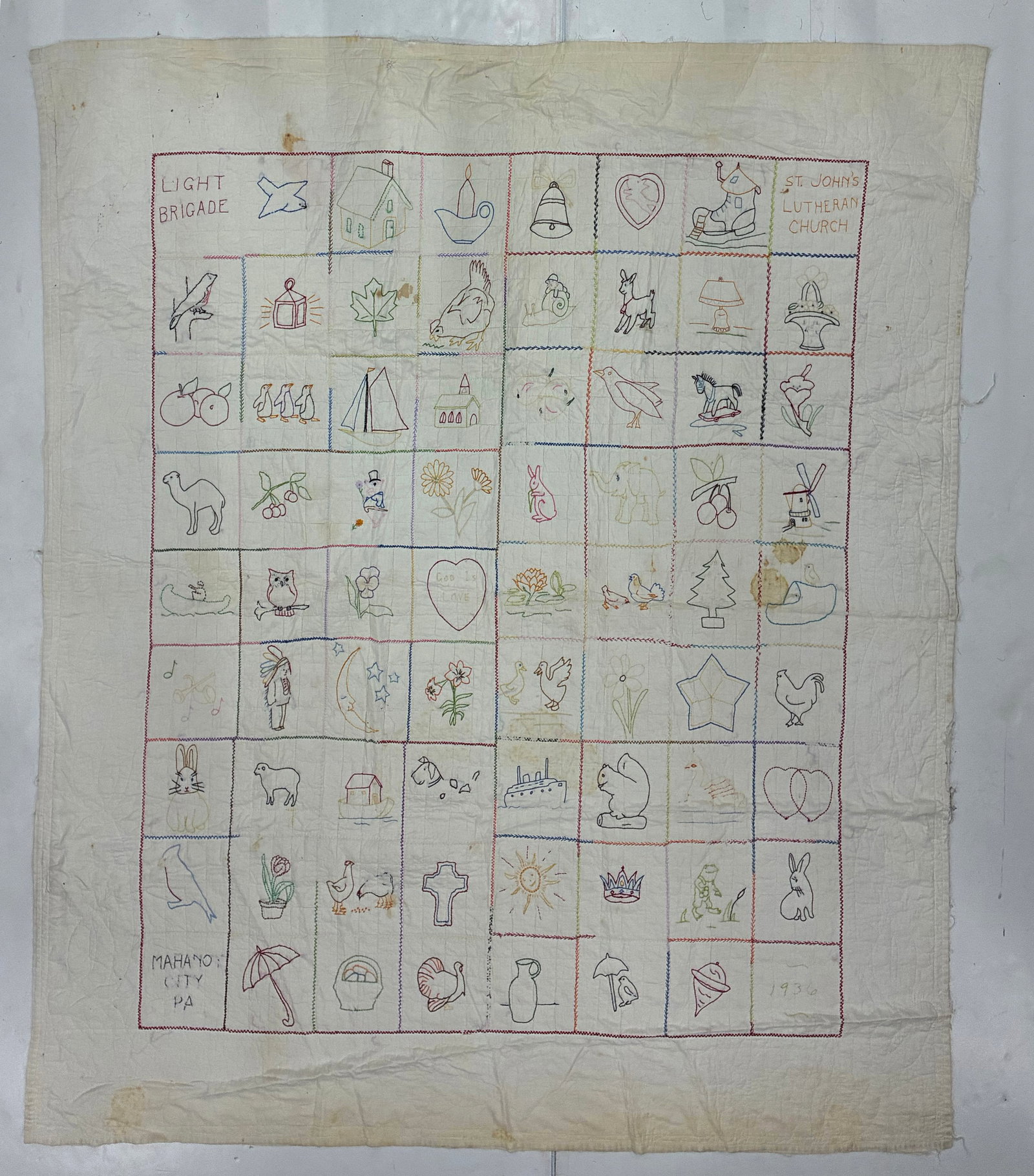 St. John's Lutheran Church Light Brigade Embroidered Friendship Quilt, Dated 1936 (1 of 2)