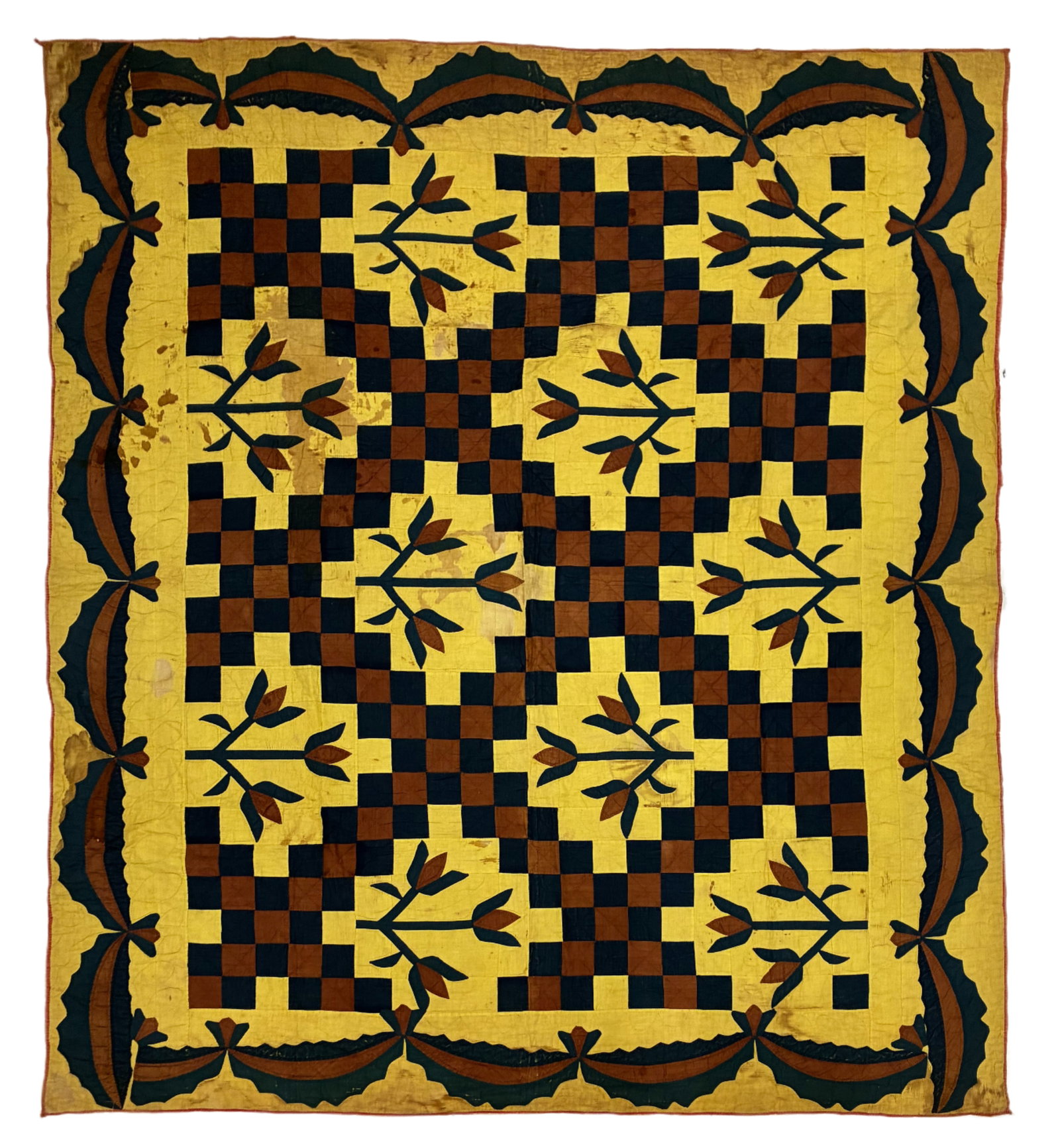 Early American Folk Art Irish Chain & Floral Appliqué Quilt: 67"x74" Early American folk-art quilt combining a strong pieced chain pattern with appliquéd botanical decoration. Dark blue and brown squares form bold interlocking diagonal chains across a warm yel
