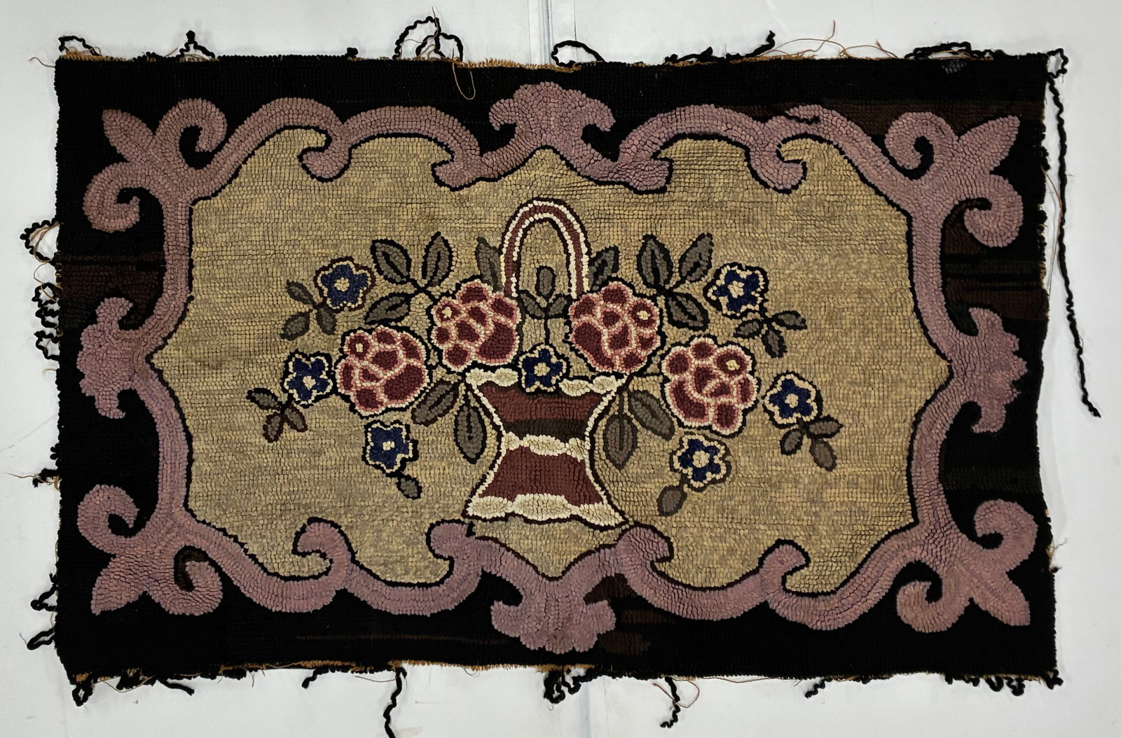 American Folk Art Hooked Rug with Floral Basket (1 of 2)